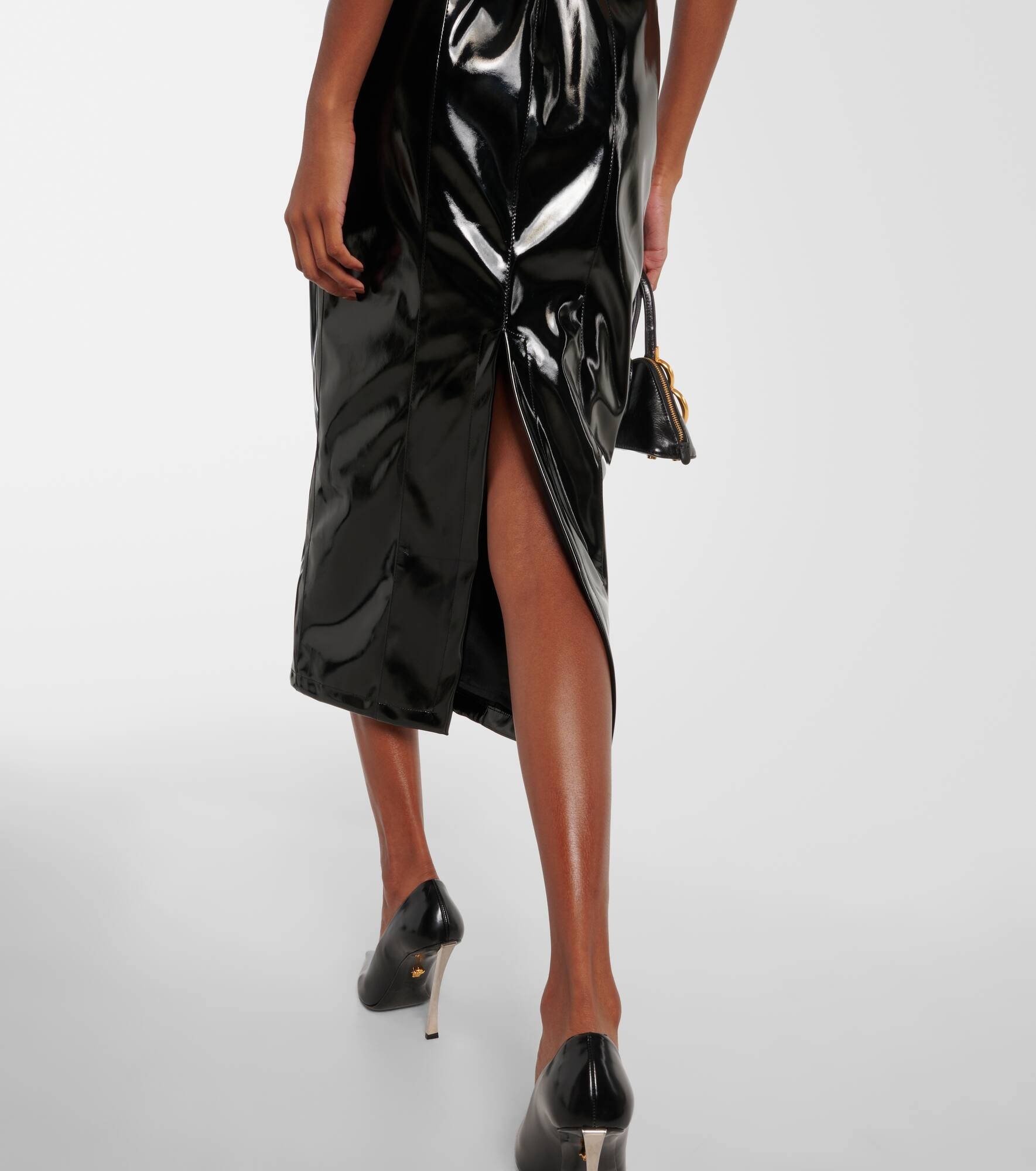 Feather-trimmed faux leather midi dress - 5