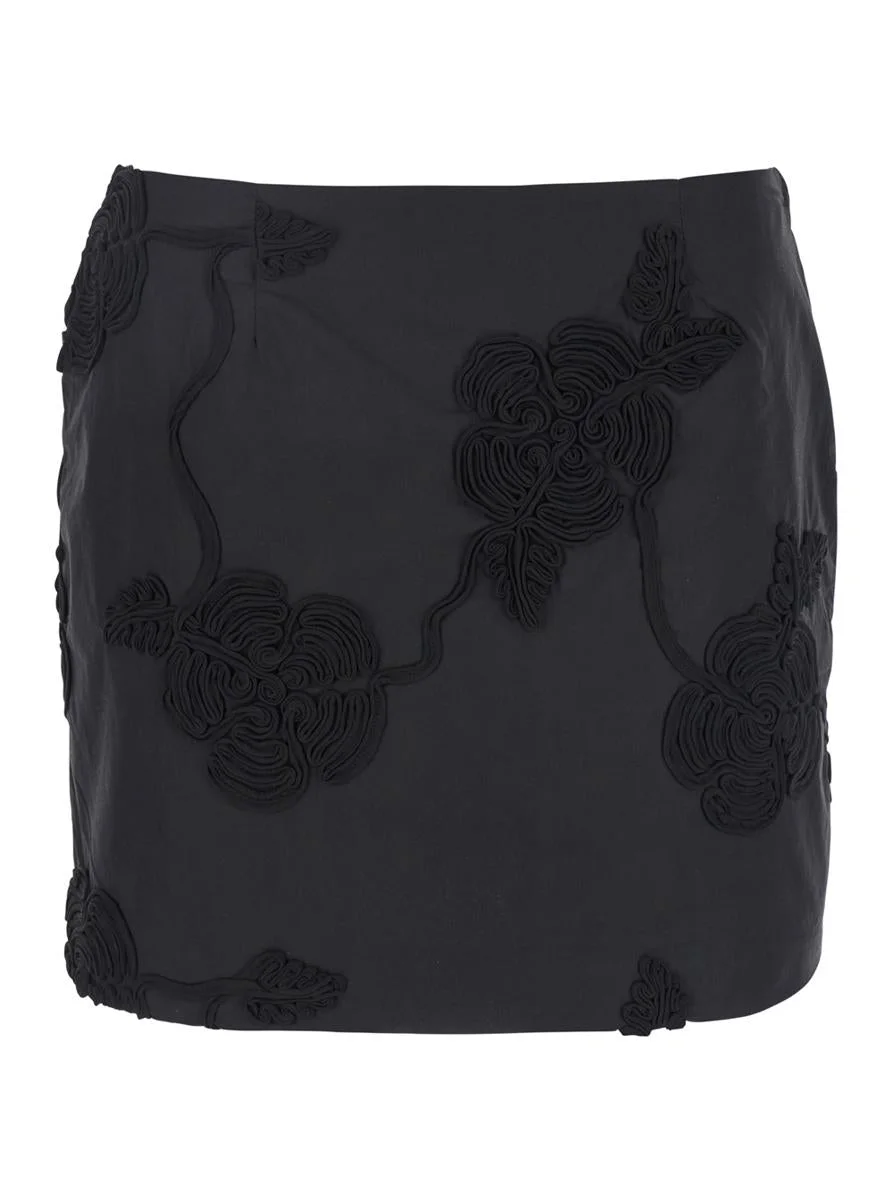 Rotate Birger Christensen Black Mini Skirt With 3D Floral Details Applied All-Over In Cotton Woman - 1