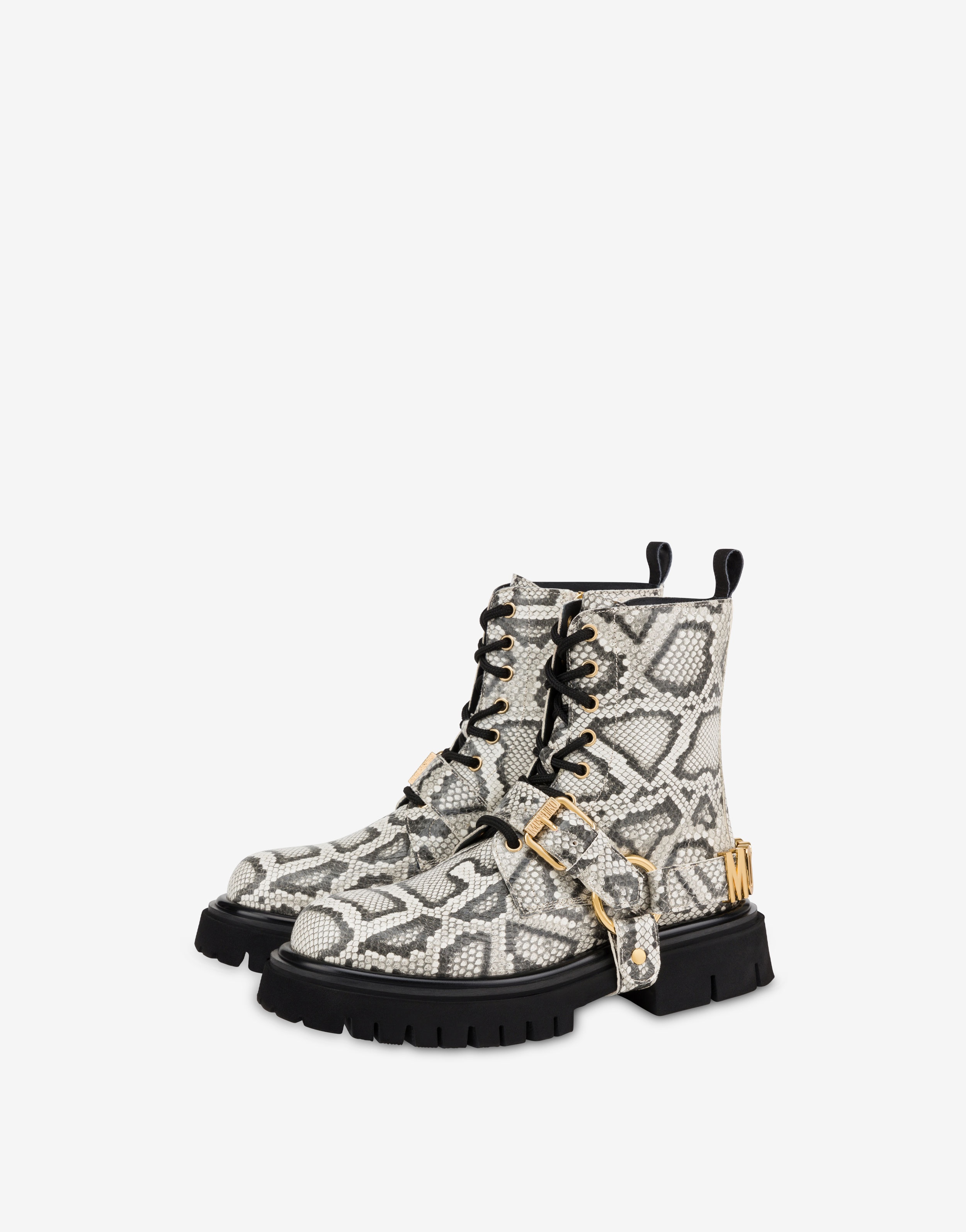PYTHON-PRINT CALFSKIN COMBAT BOOTS - 1