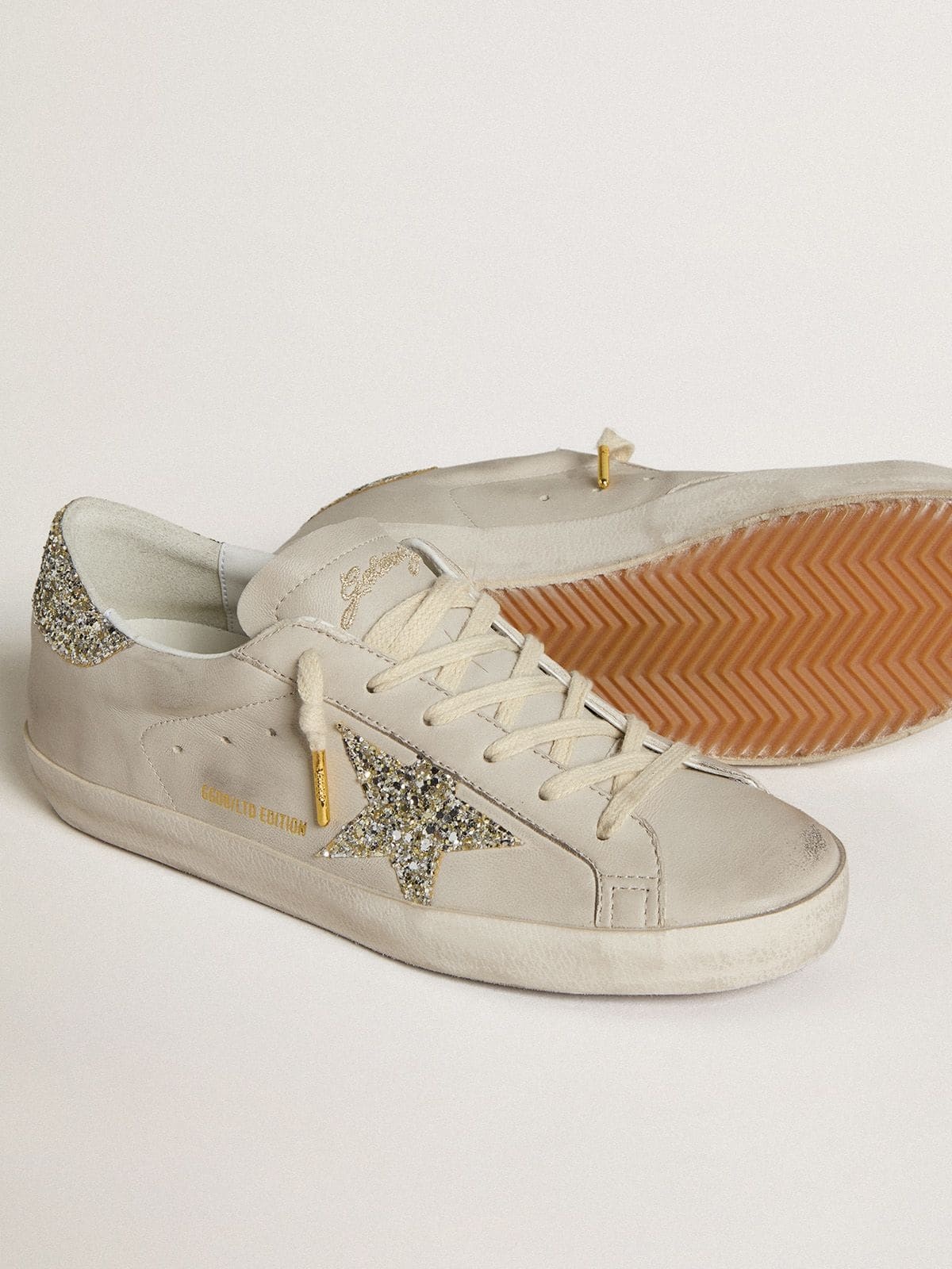 Women's Super-Star LTD in ivory nappa leather with platinum glitter star and heel tab - 3