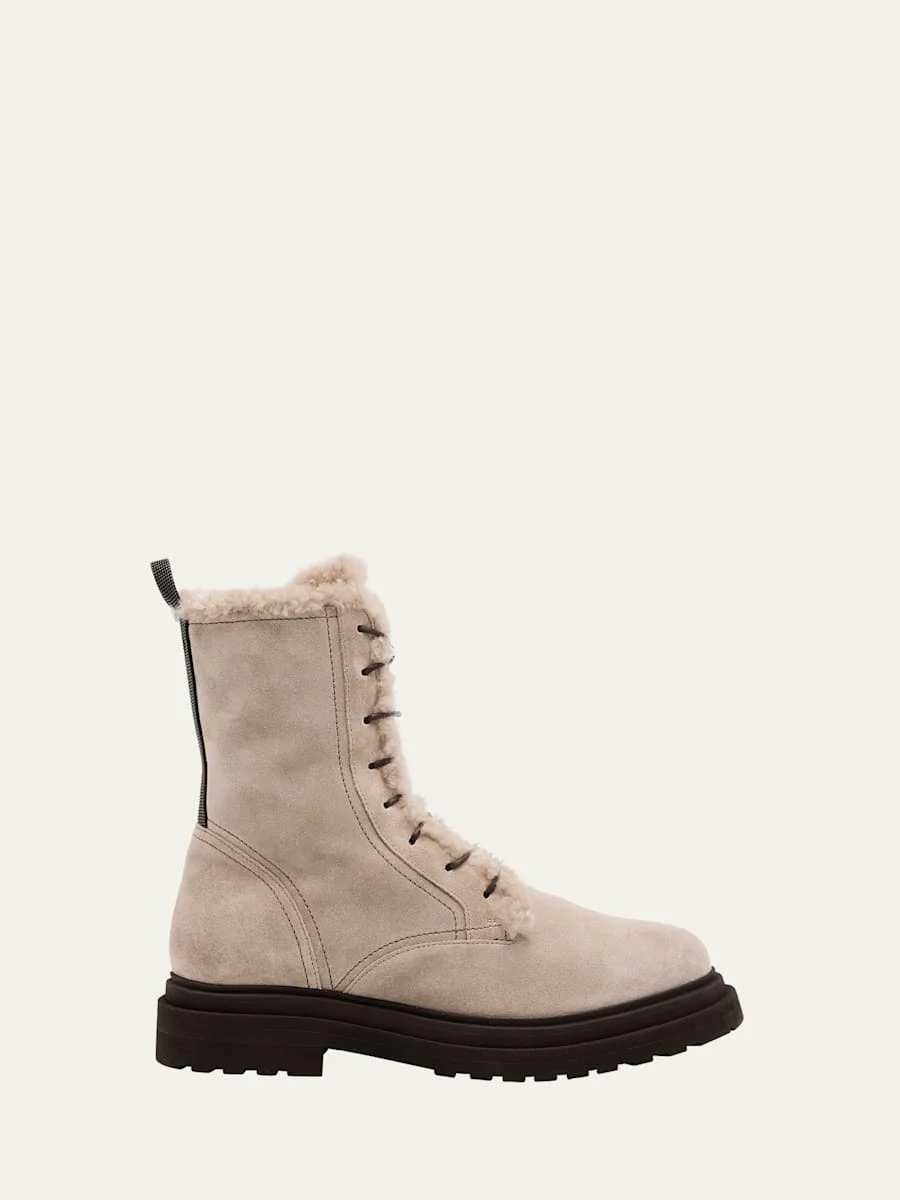 Monili Loop Shearling-Lined Suede Combat Boots - 1