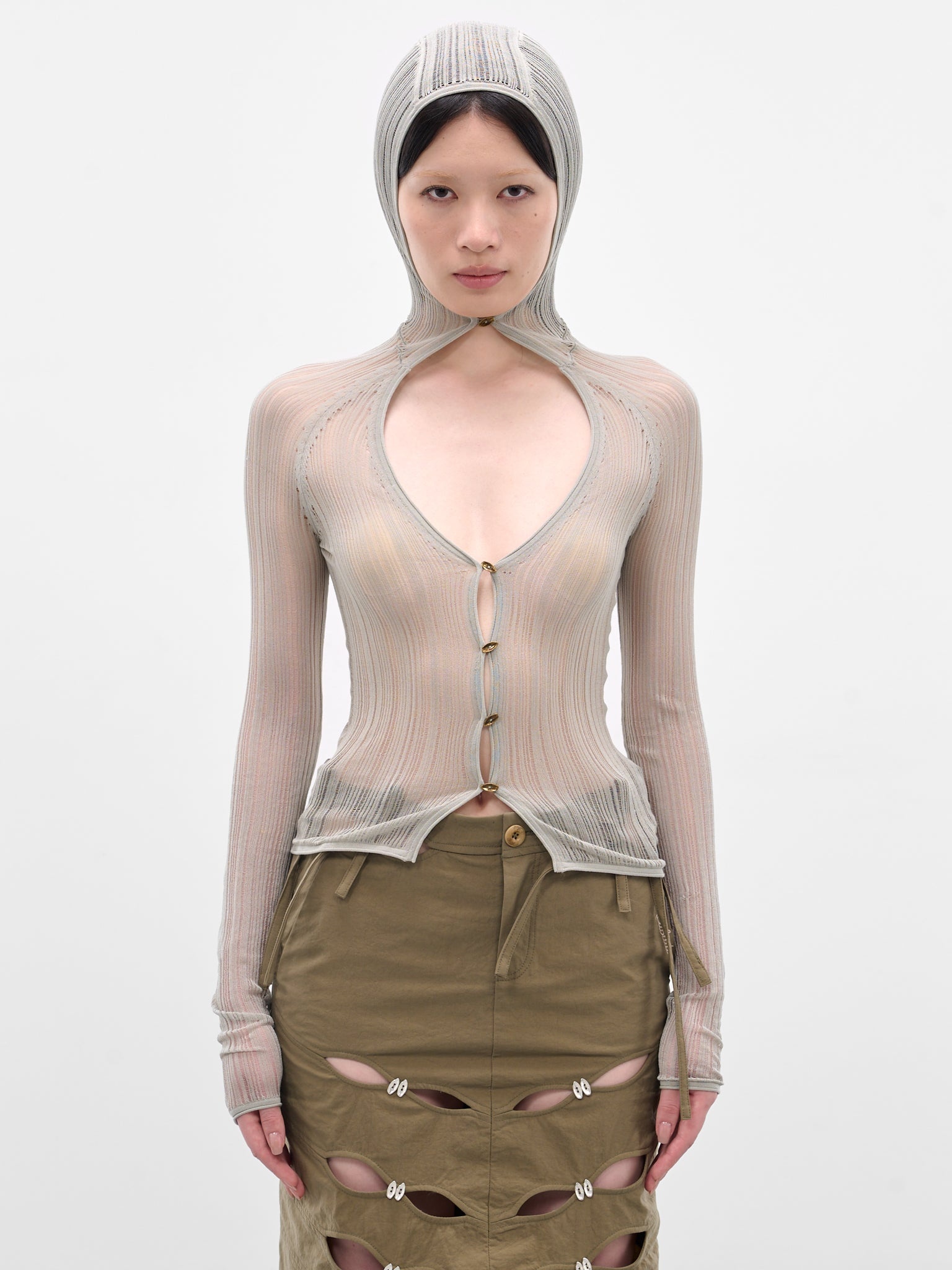 Grey Sheer Knit Hood Cardigan - 1