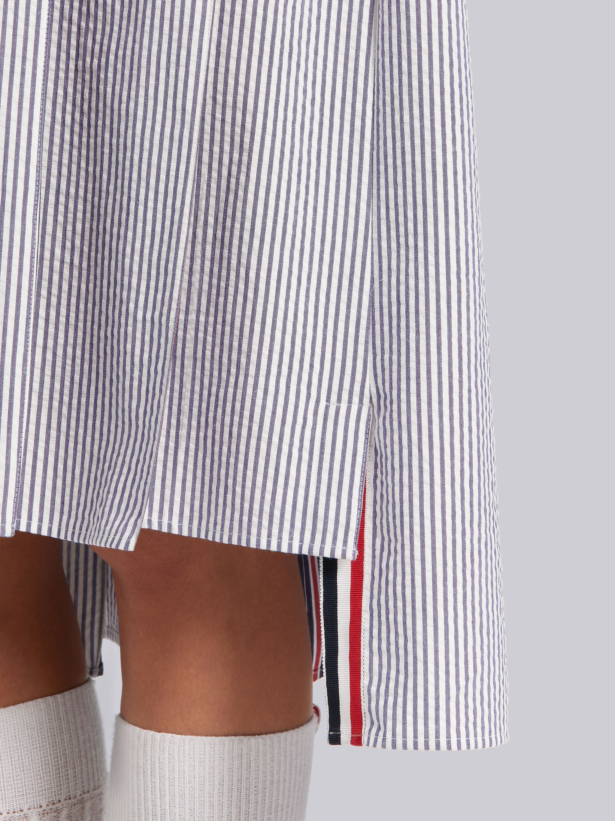 Navy Cotton Seersucker Combo Inverted Pleat Below Knee Short Sleeve Shirtdress - 5