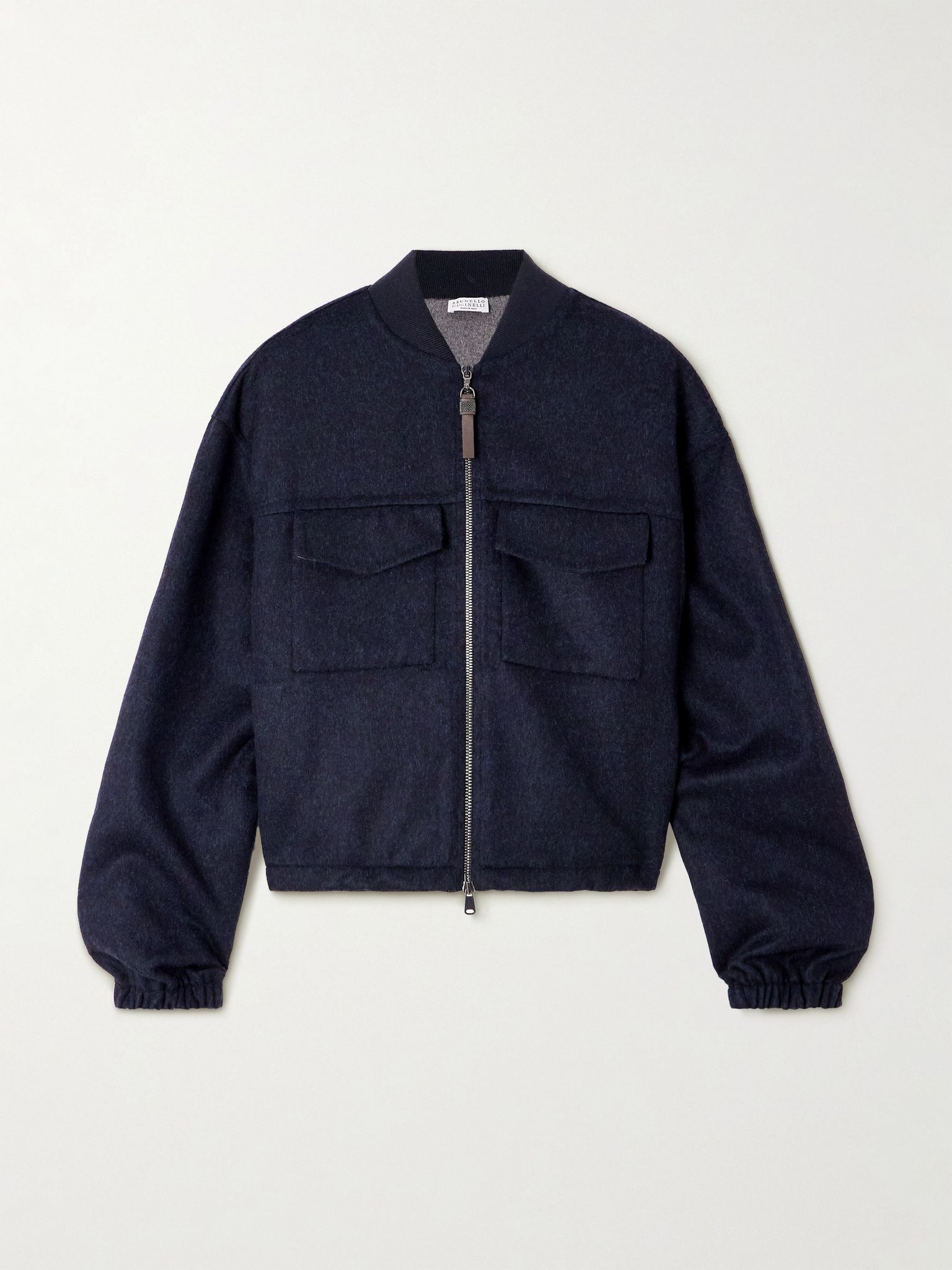 Bead-embellished leather-trimmed wool bomber jacket Navy - 1