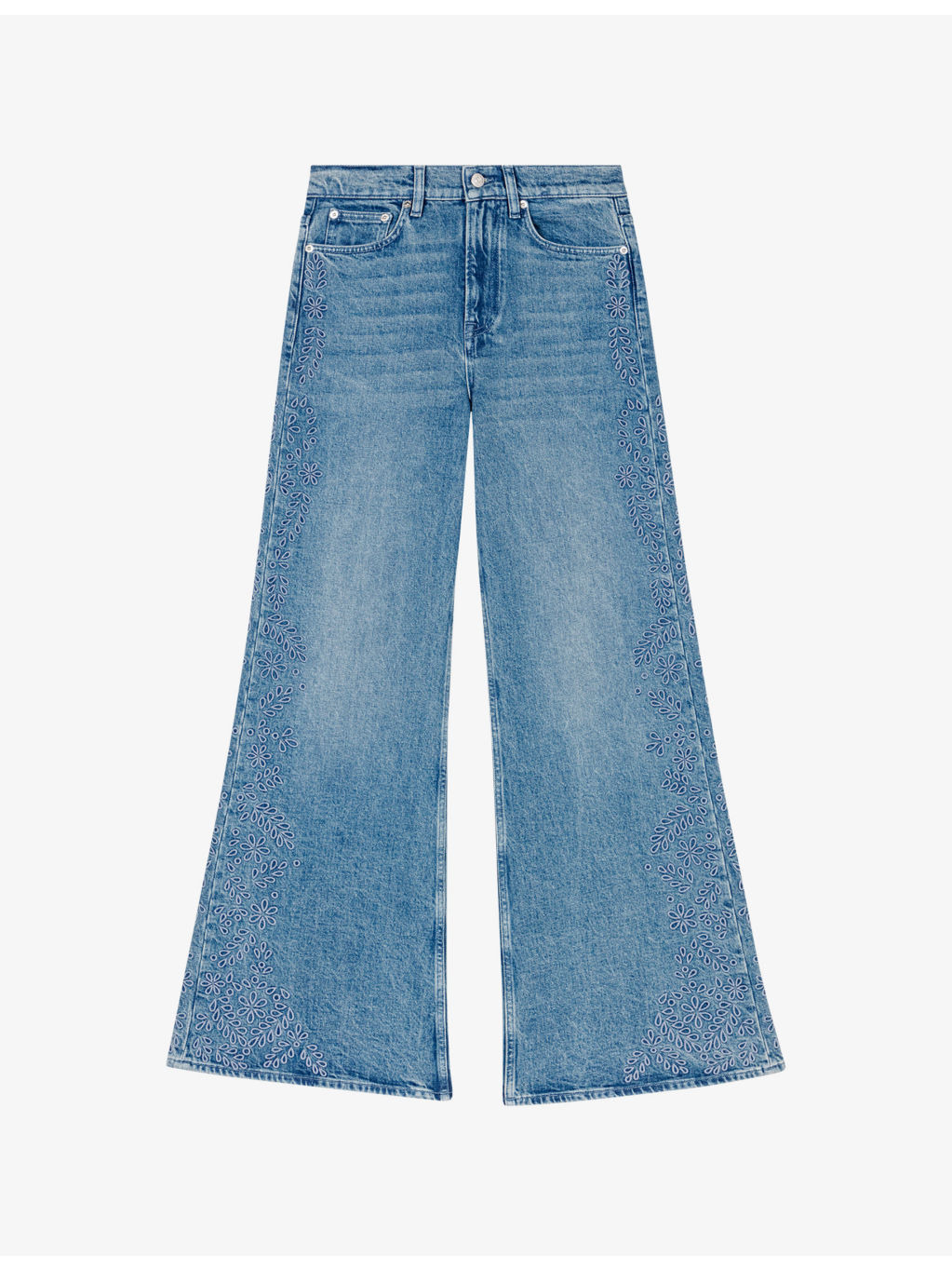 Leaf-Embroidered Wide-Leg Stretch-Denim Jeans - 1
