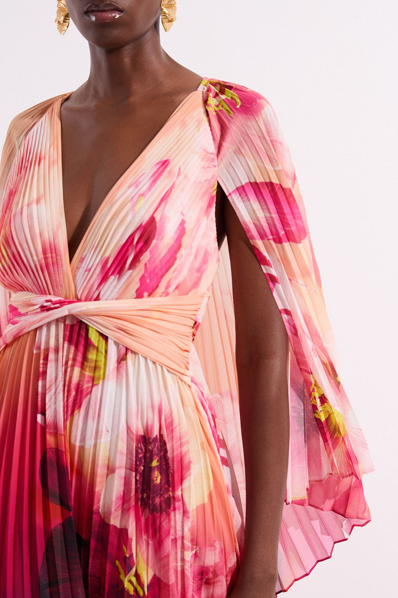 Ombre Floral Soft Pleated Woven Maxi With Cape Detail 3