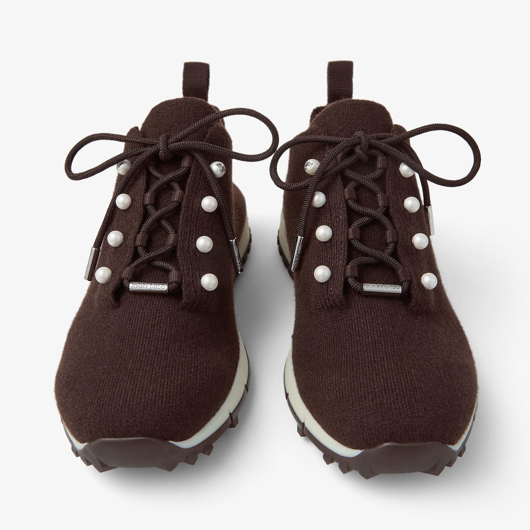 Veles
Chocolate Cashmere Melange Knit Trainers with Pearl Buttons - 4