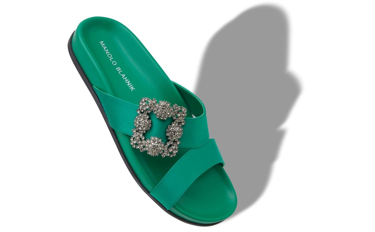 Green Satin Jewel Buckle Flat Mules - 2