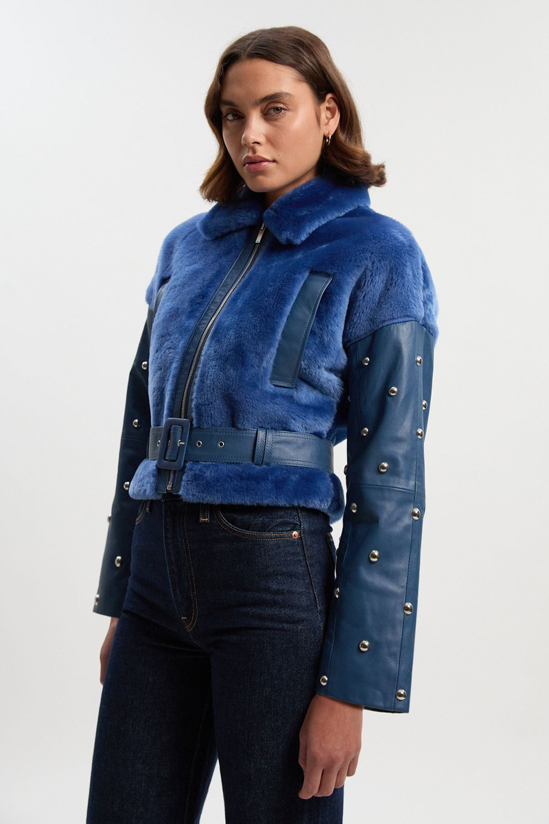 Shearling & Leather Mix Studded Biker Jacket 1