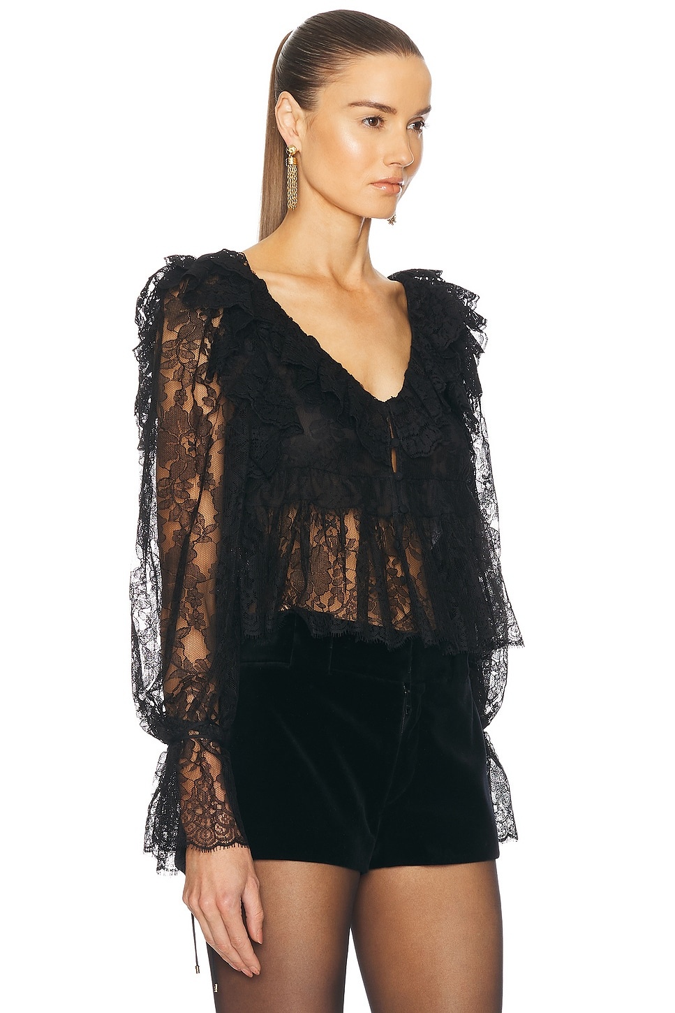 V Neck Ruffle Lace Blouse - 2
