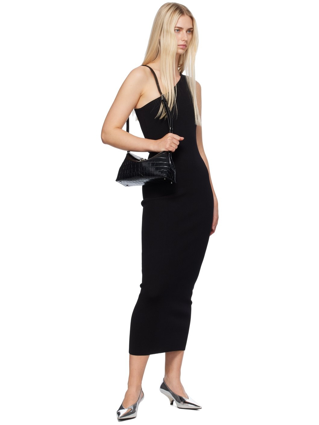 Black One-Shoulder Ribbed Maxi Dress - 4