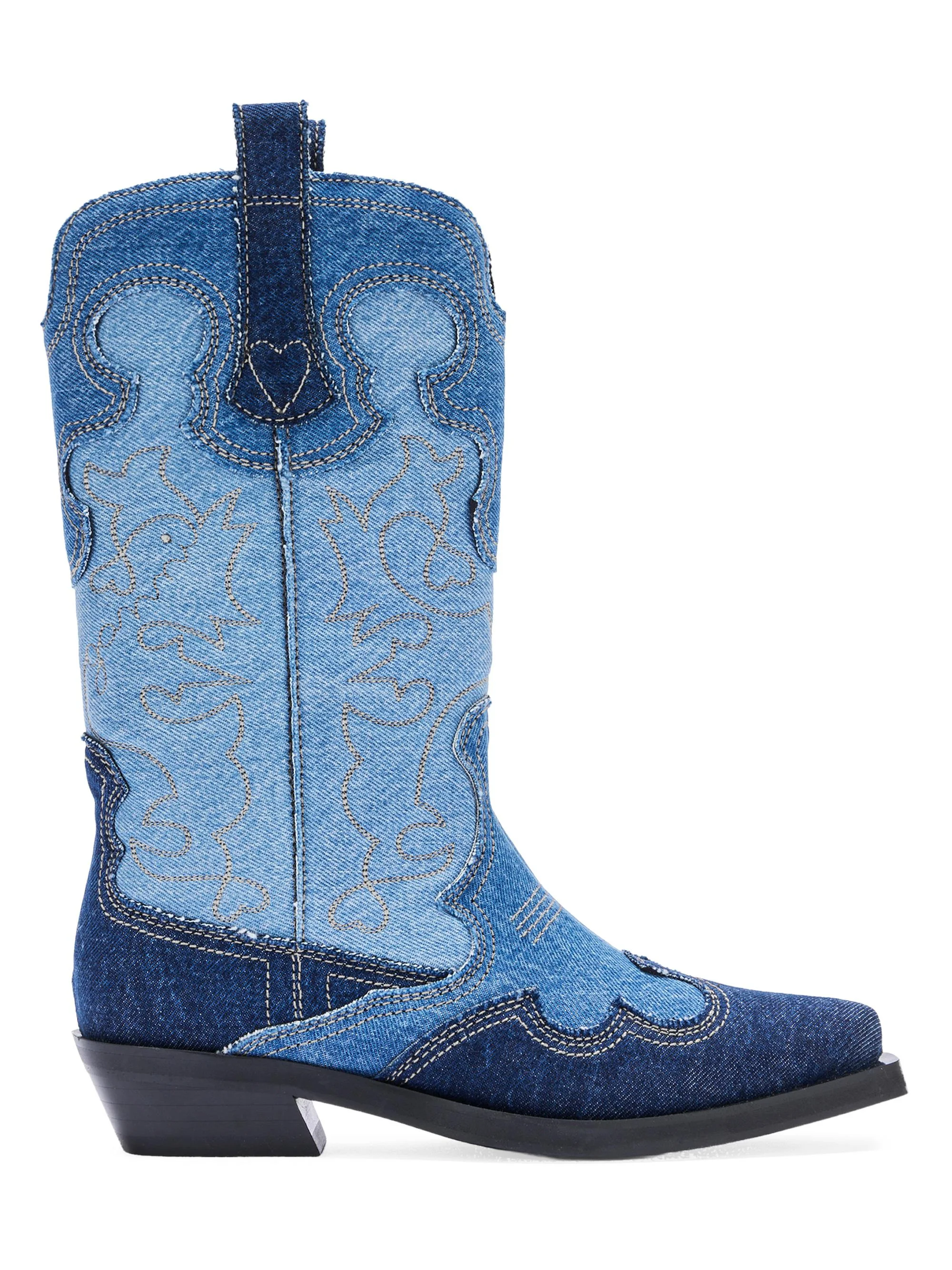 Women's Embroidered Mid-Shaft Denim Boots - Mid Blue Vintage - 1