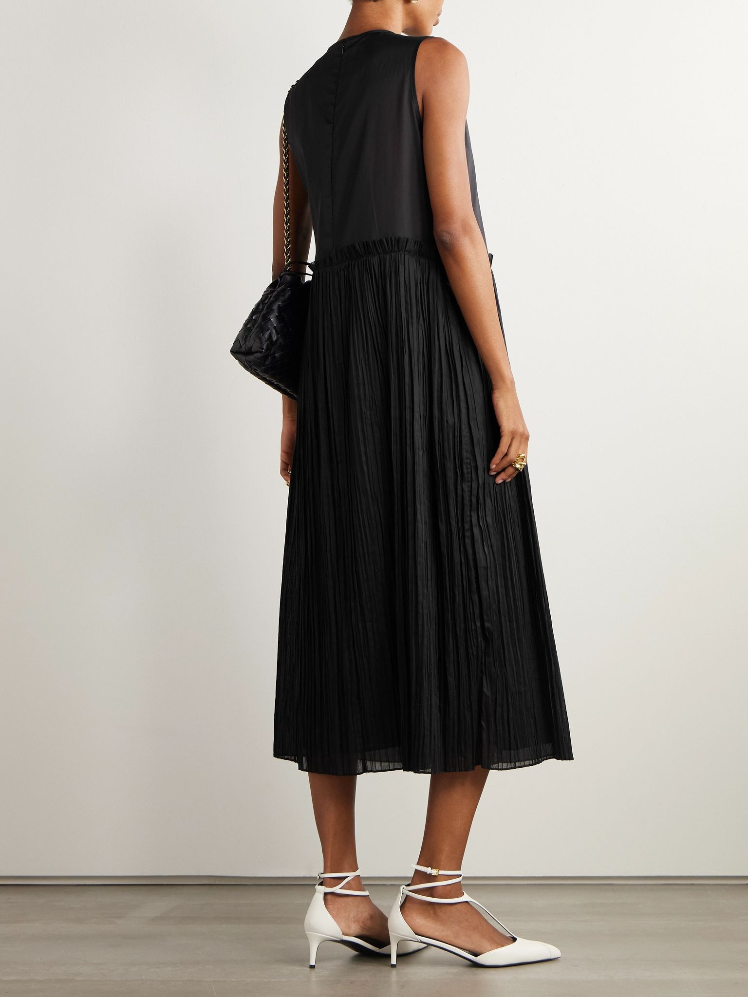 Ruffled plissé cotton-voile midi dress Black - 3