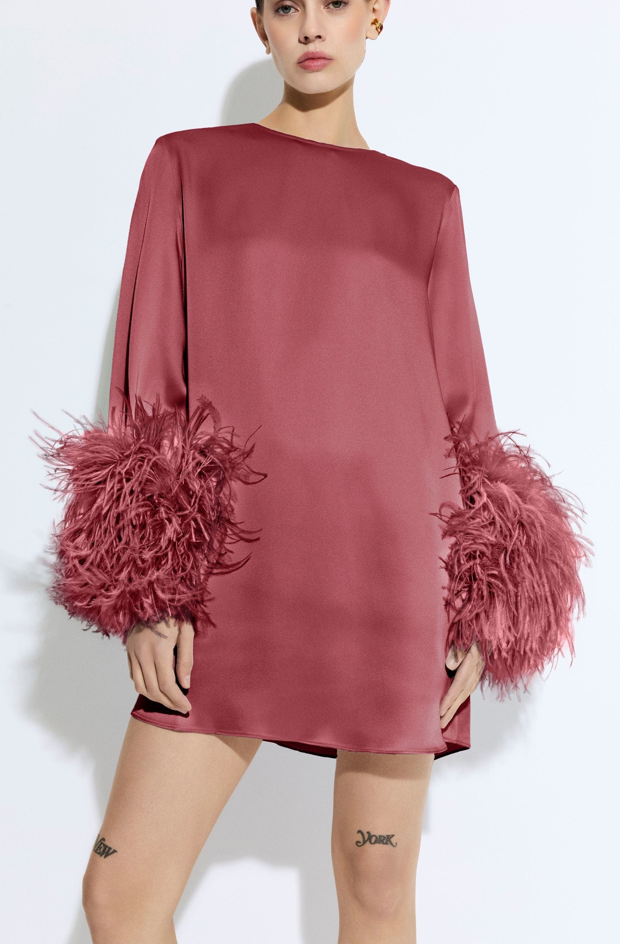 Satin Shift Dress With Feathers - 4