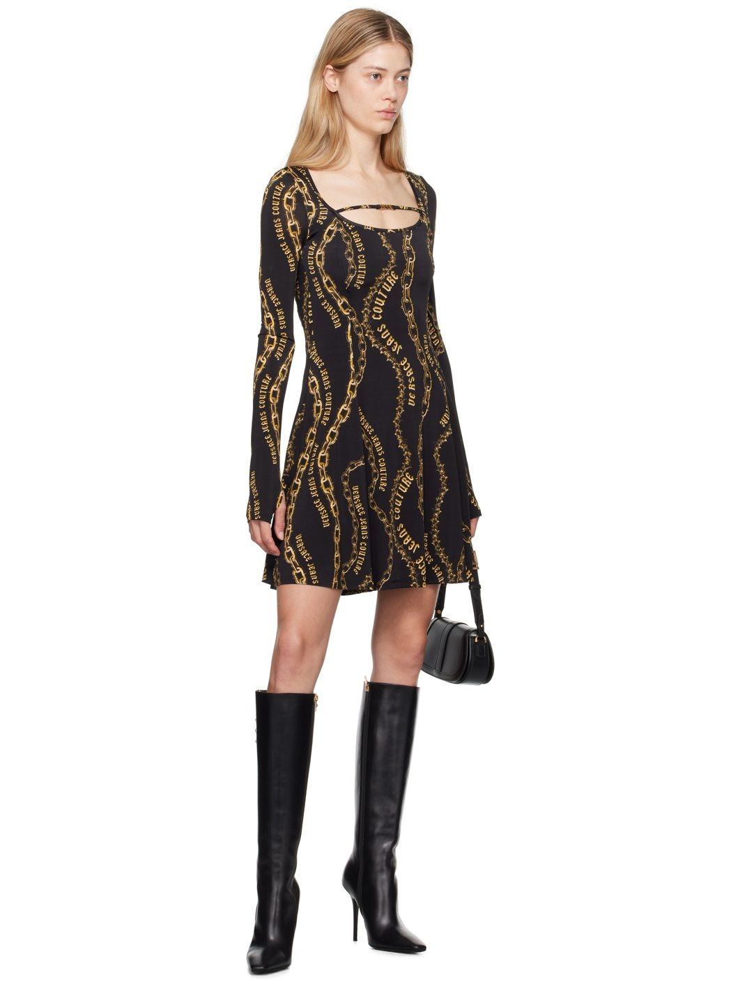 Black & Gold Chain Couture Flared Minidress - 4