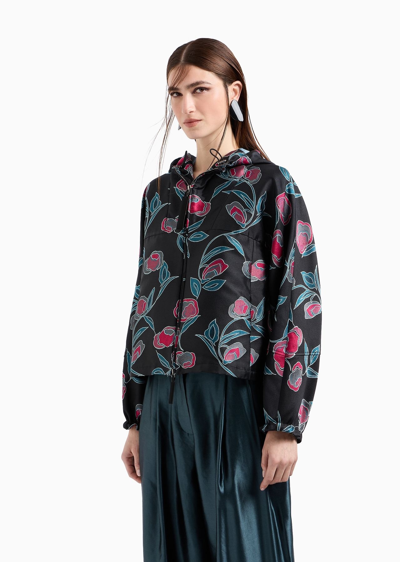 Floral embroidered silk duchess satin hooded blouson - 2