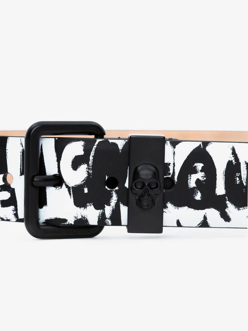 Alexander McQueen Mcqueen Graffiti Skull Loop Belt in Black/white outlook