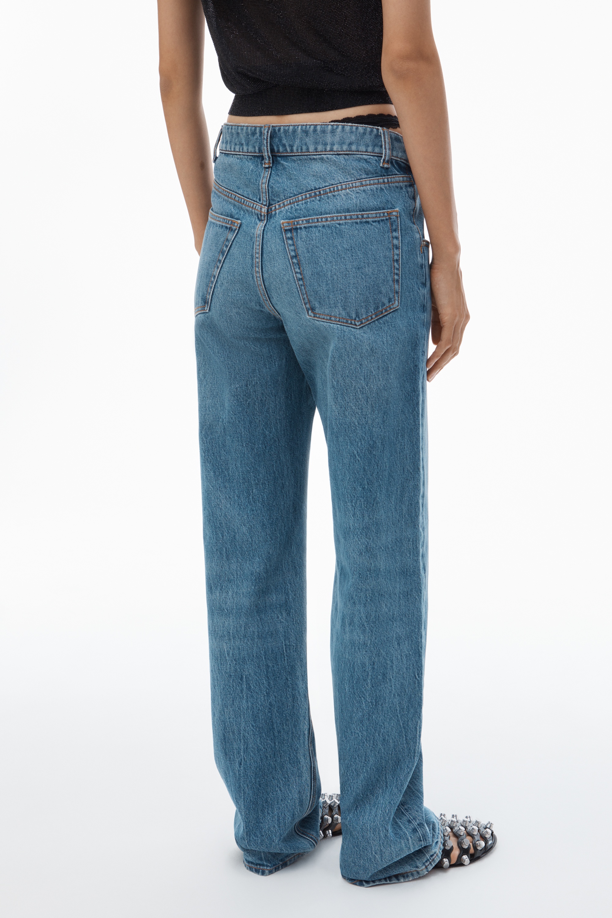 Pre-Styled Denim Jeans with Asymmetrical Lace Waistband - 5