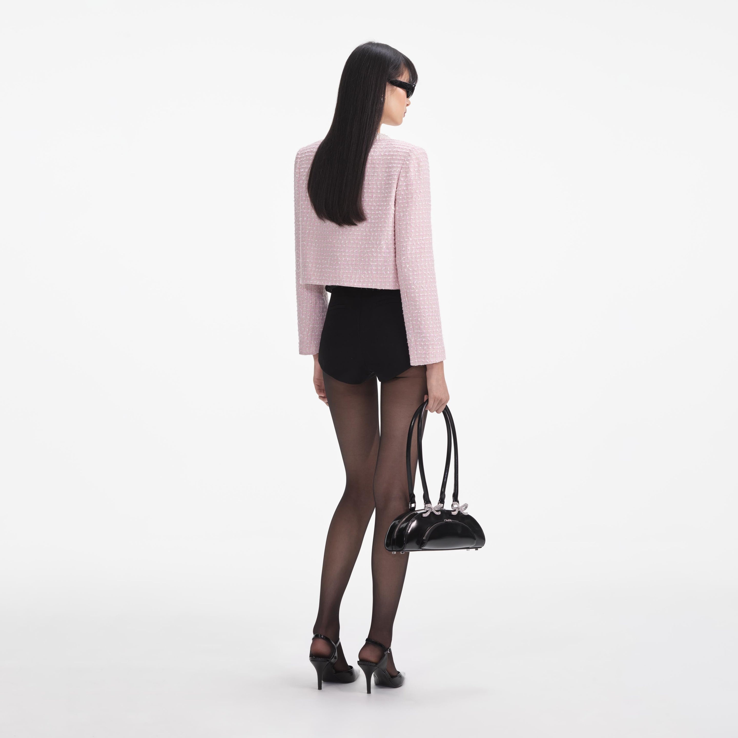 Pink Boucle Pearl Trim Jacket - 3