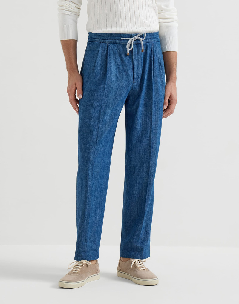 Brunello Cucinelli Lightweight denim trousers with drawstring and double pleats outlook