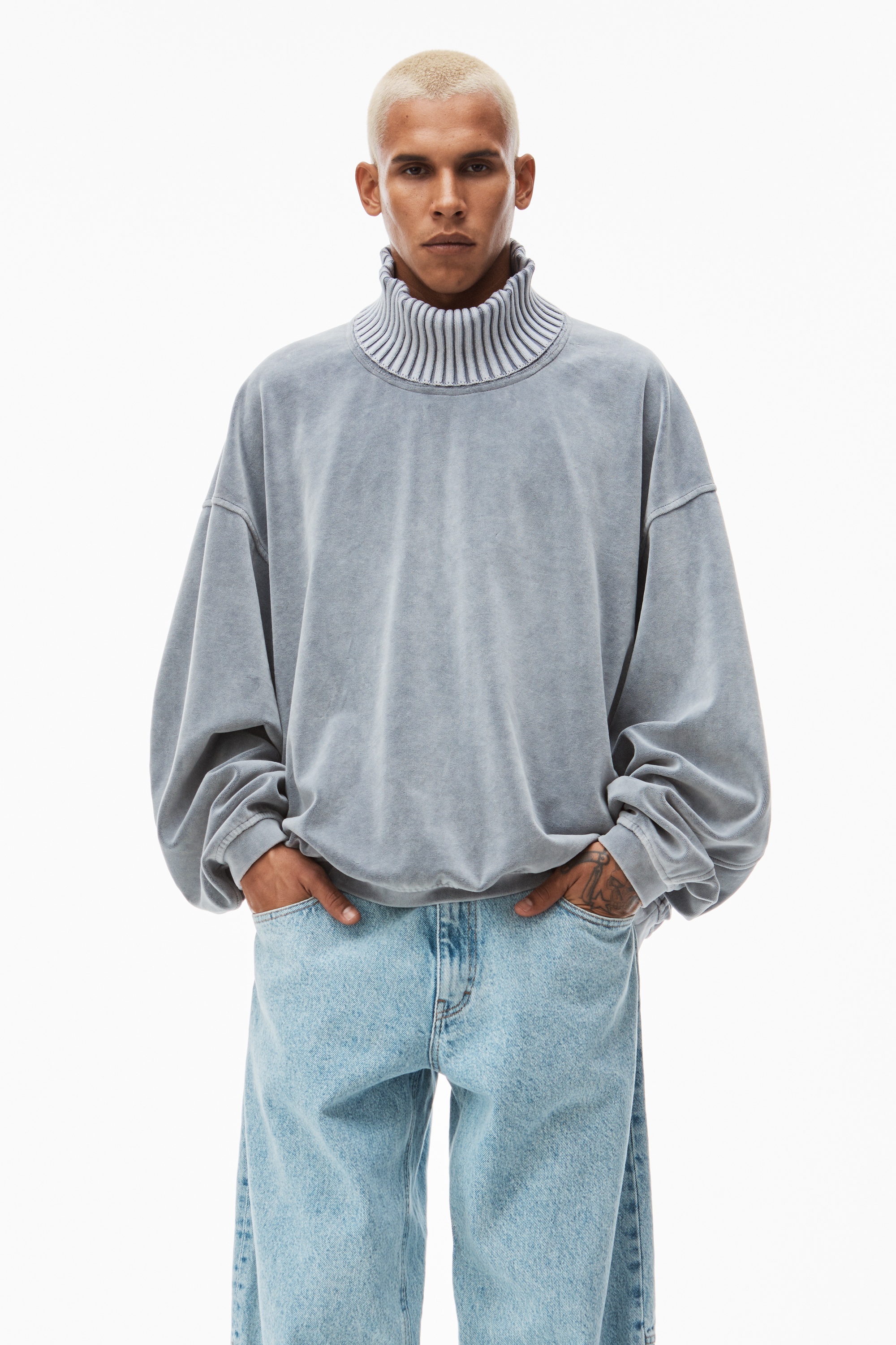 rib trim turtleneck in velour - 2