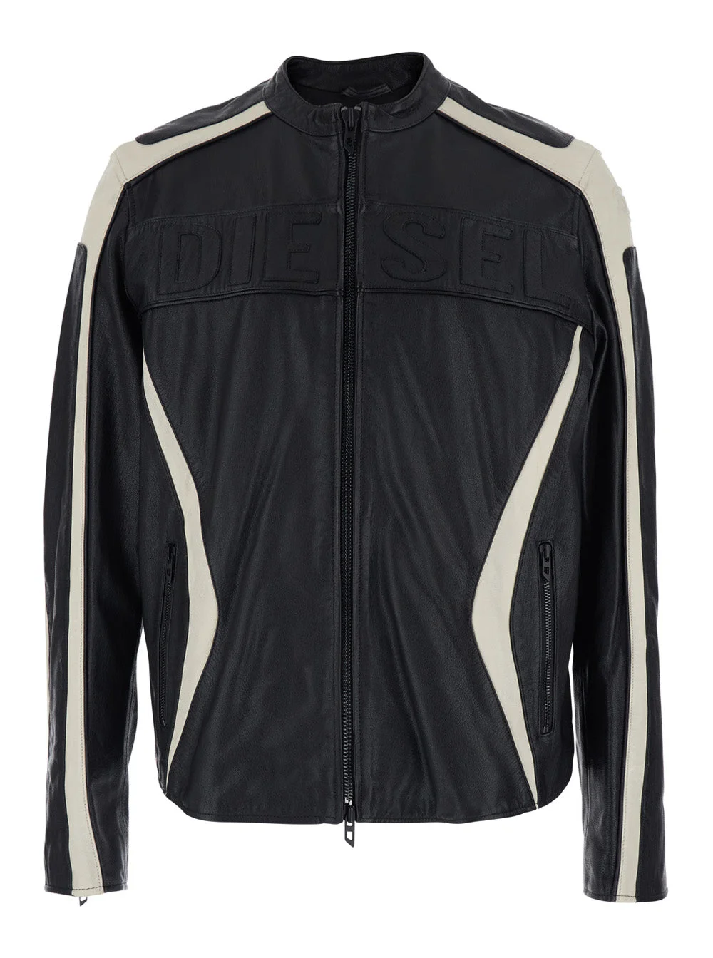 Diesel Men 'Adam' Black Jacket With Embossed Logo On The Front And Details With Stripe In Leather Ma - 1