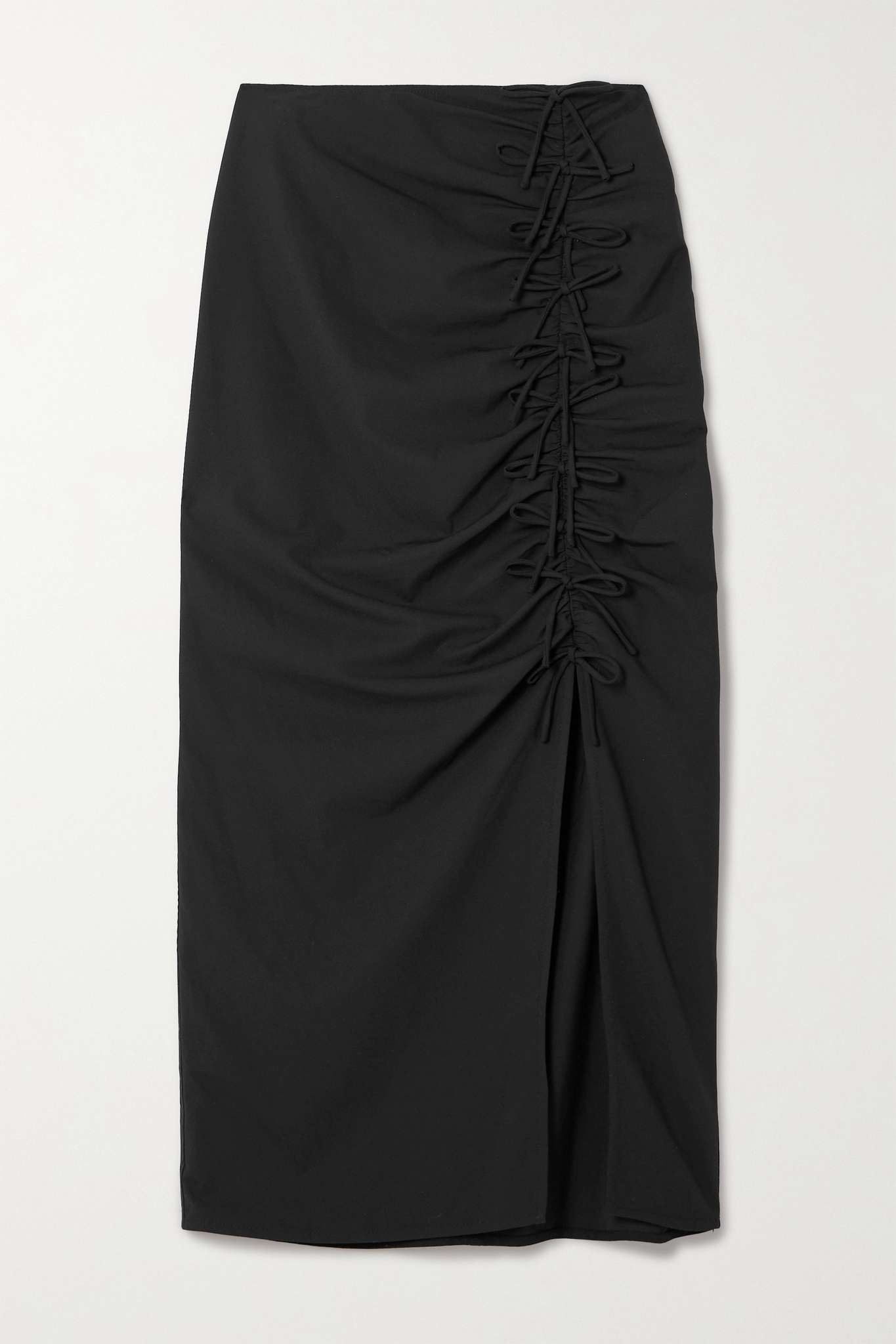 Bow-detailed ruched woven midi skirt - 1