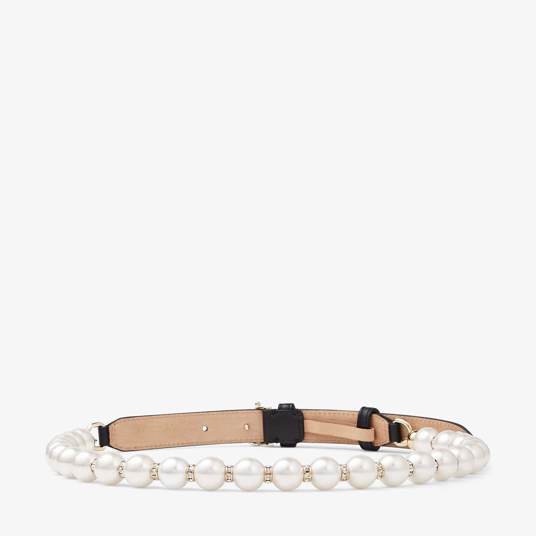 JC Chain
Black Leather Waist Belt with Pearls, Crystals and Gold JC Emblem - 3