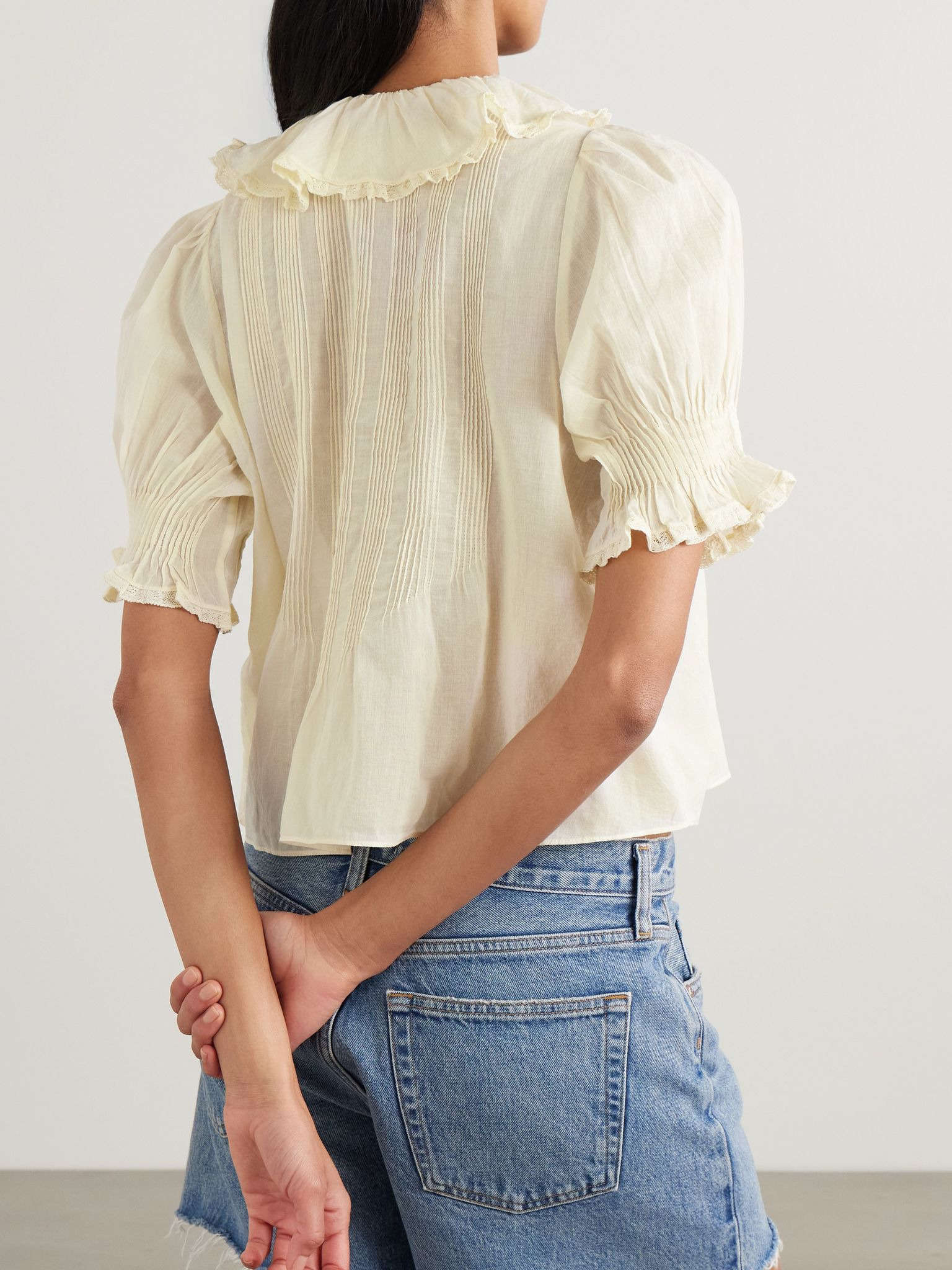 Henri ruffled pintucked organic cotton-voile top Yellow - 3