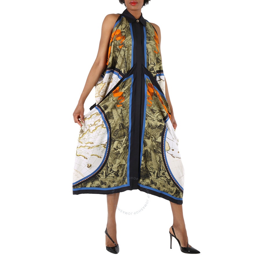 Burberry Ladies Antique Green Map Print Drape Silk Dress - 4