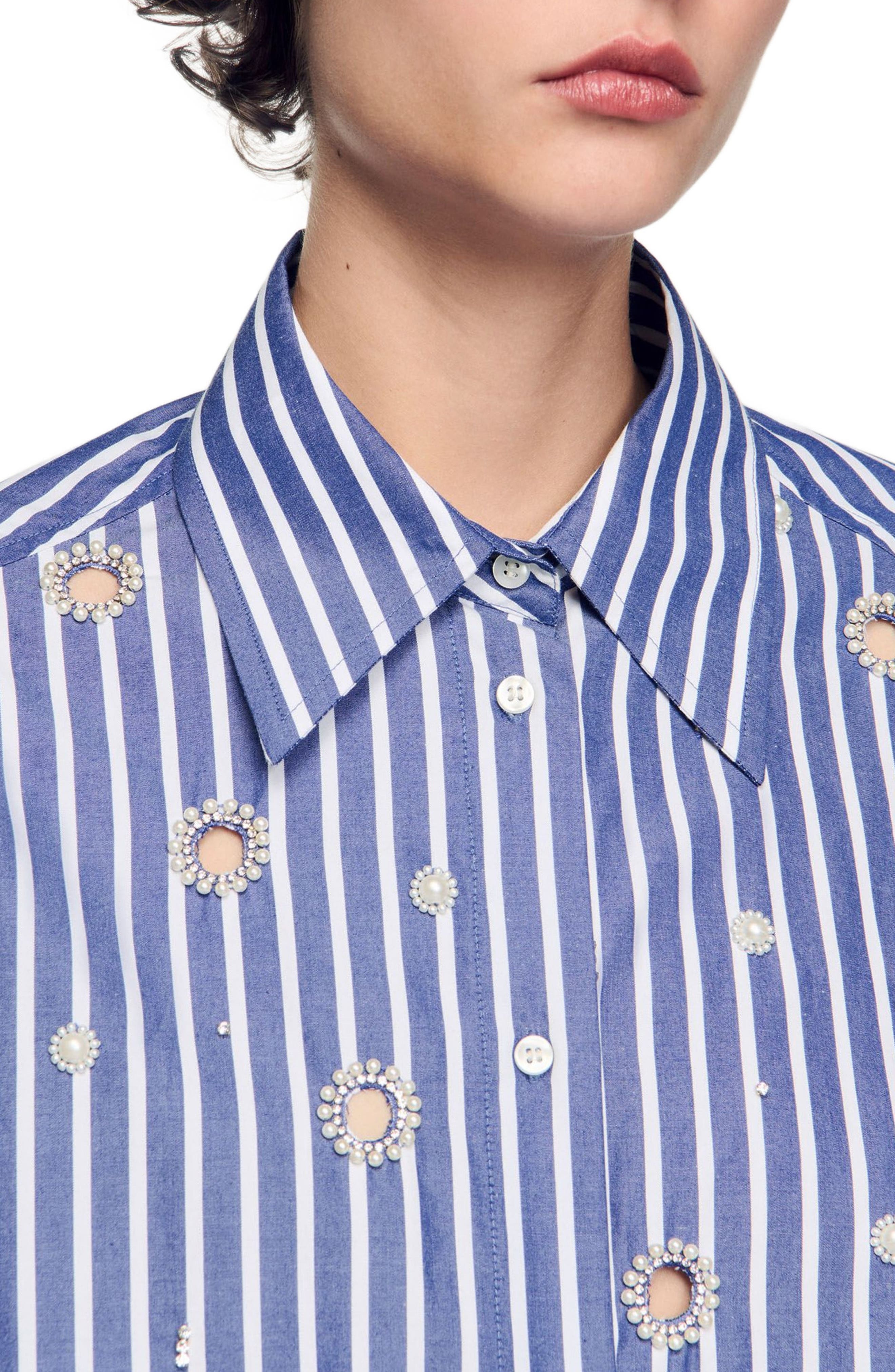 SANDRO Beaded striped shirt in Blue at Nordstrom - 4