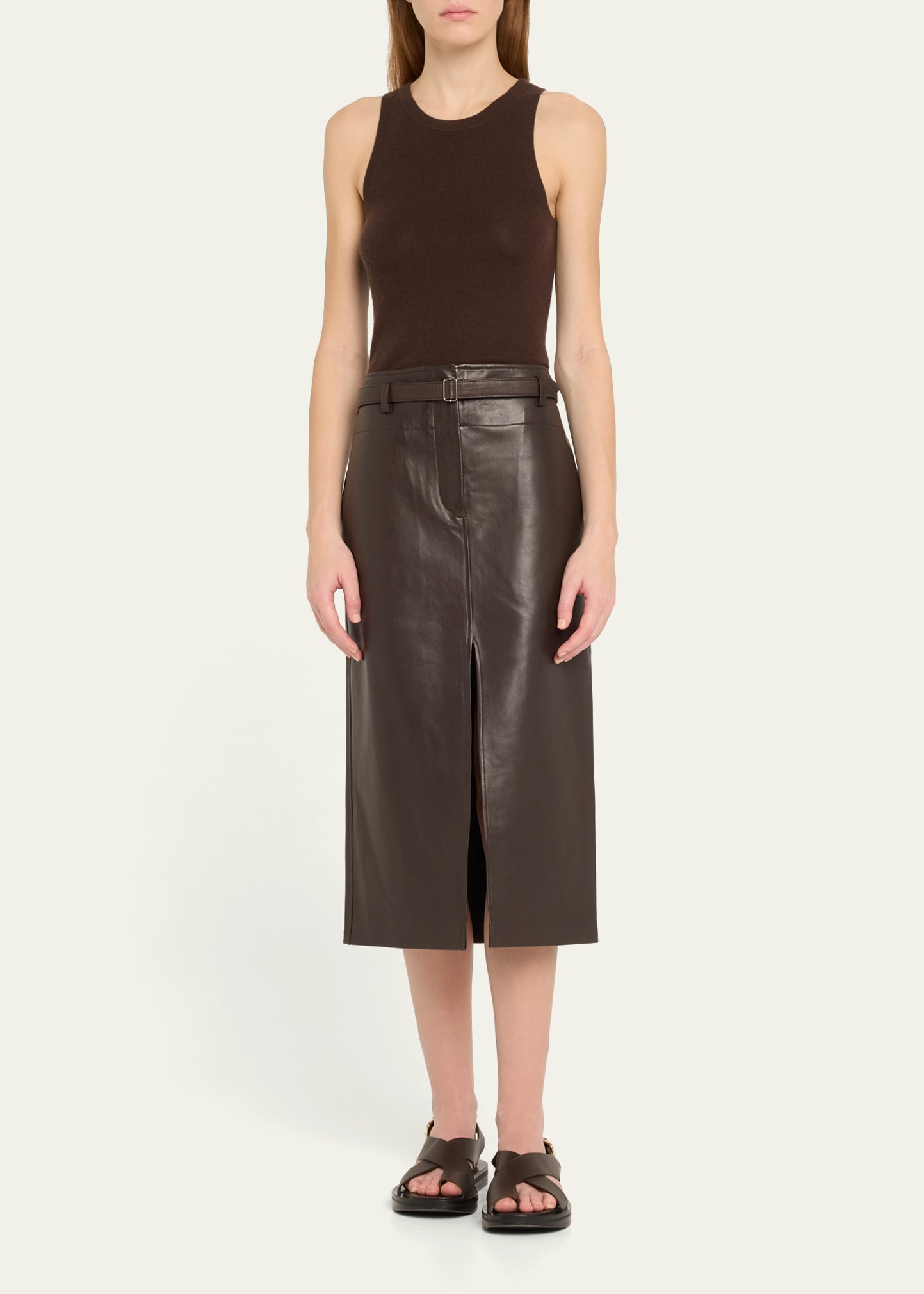 Leather Belted Front Split Midi Skirt - 2