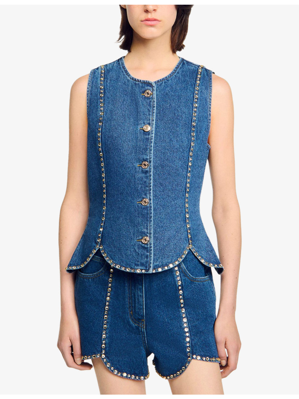 Rhinestone-Embellished Sleeveless Denim Top - 3