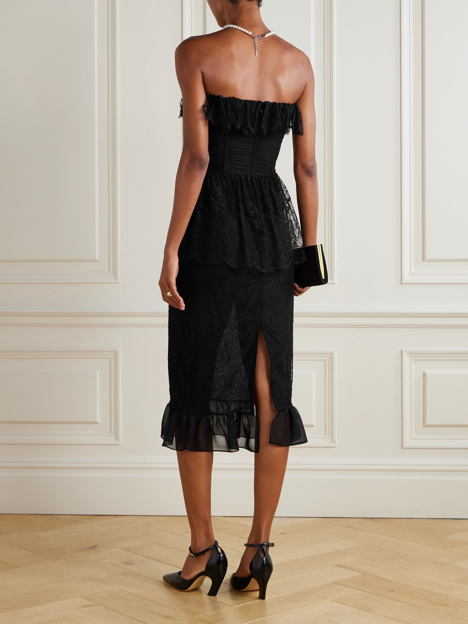 Strapless layered embellished cotton-blend lace midi dress Black - 3