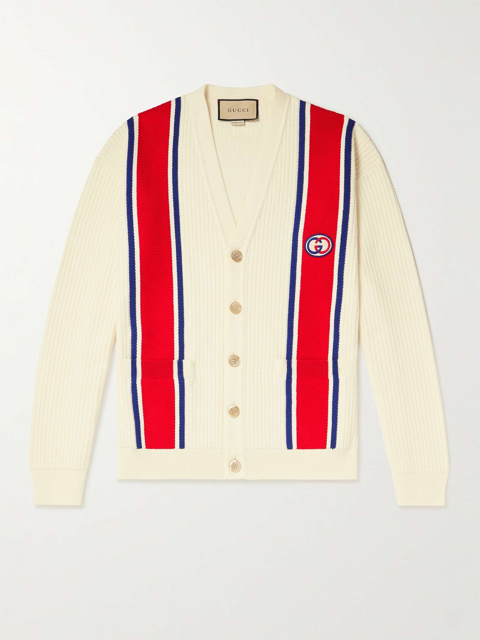 Logo-Appliquéd Striped Ribbed Cotton Cardigan - 1