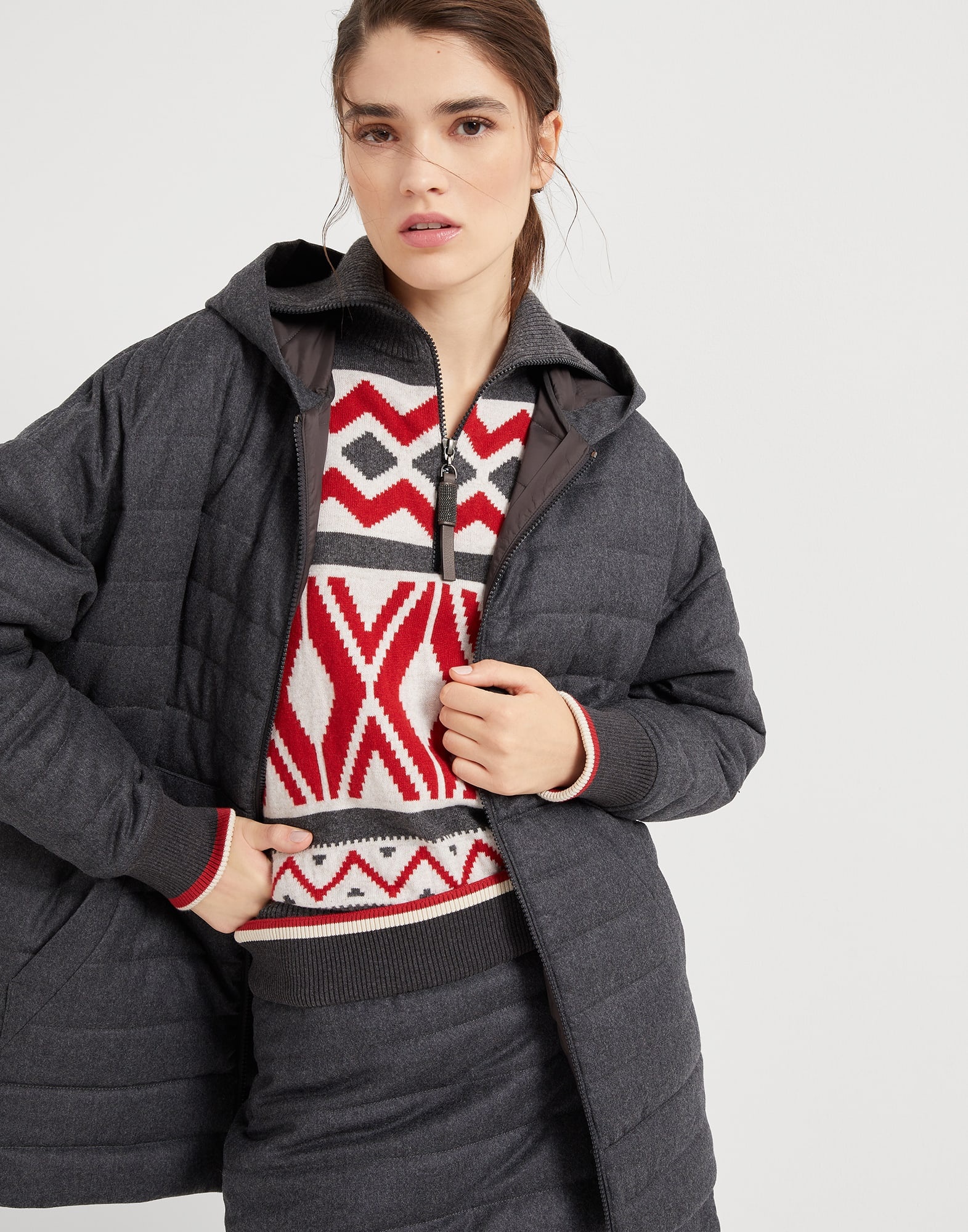 Water-resistant virgin wool flannel hooded outerwear jacket with Thermore® padding and shiny zipper  - 4