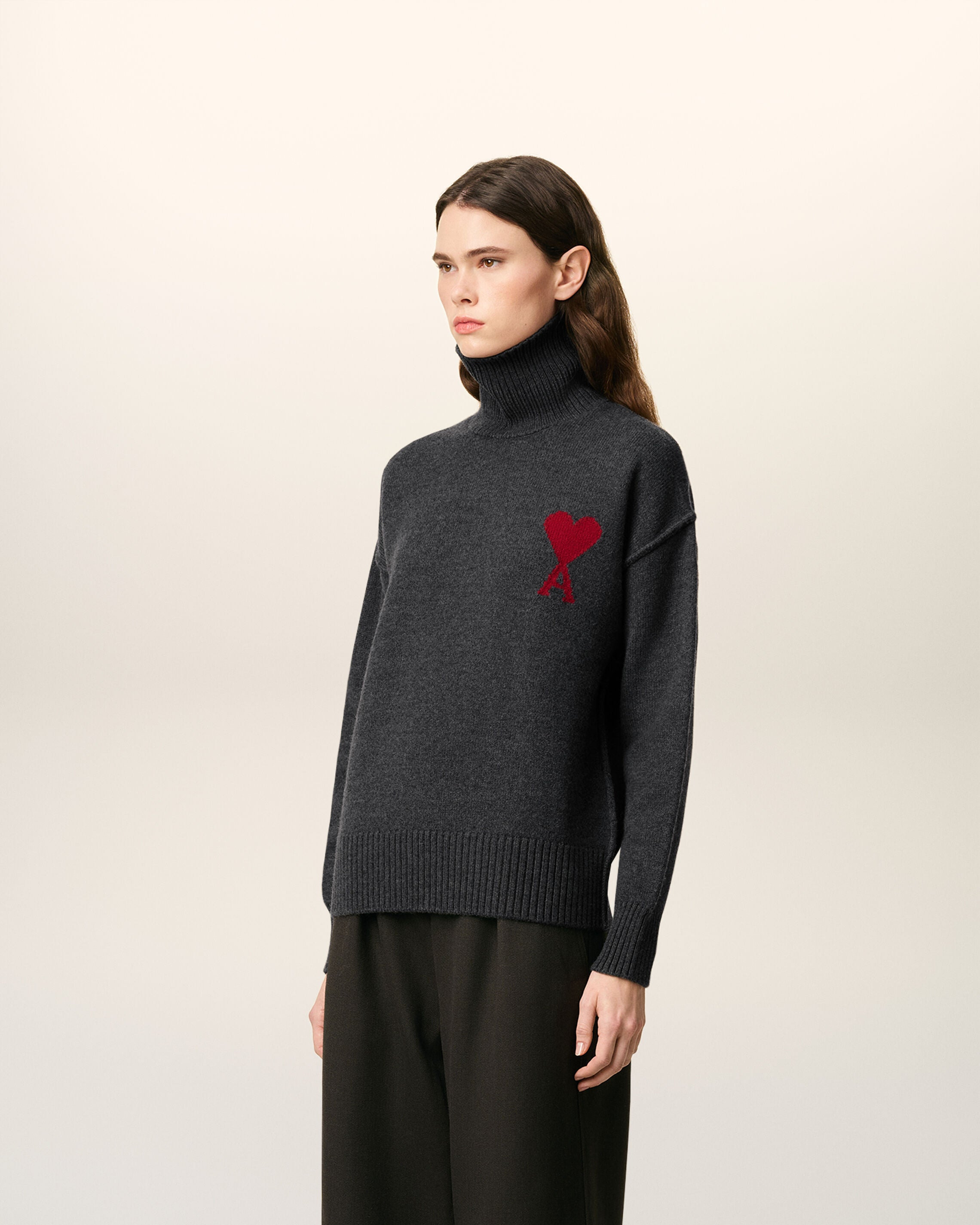 GREY WOOL AMI DE COEUR FUNNEL NECK SWEATER - 6