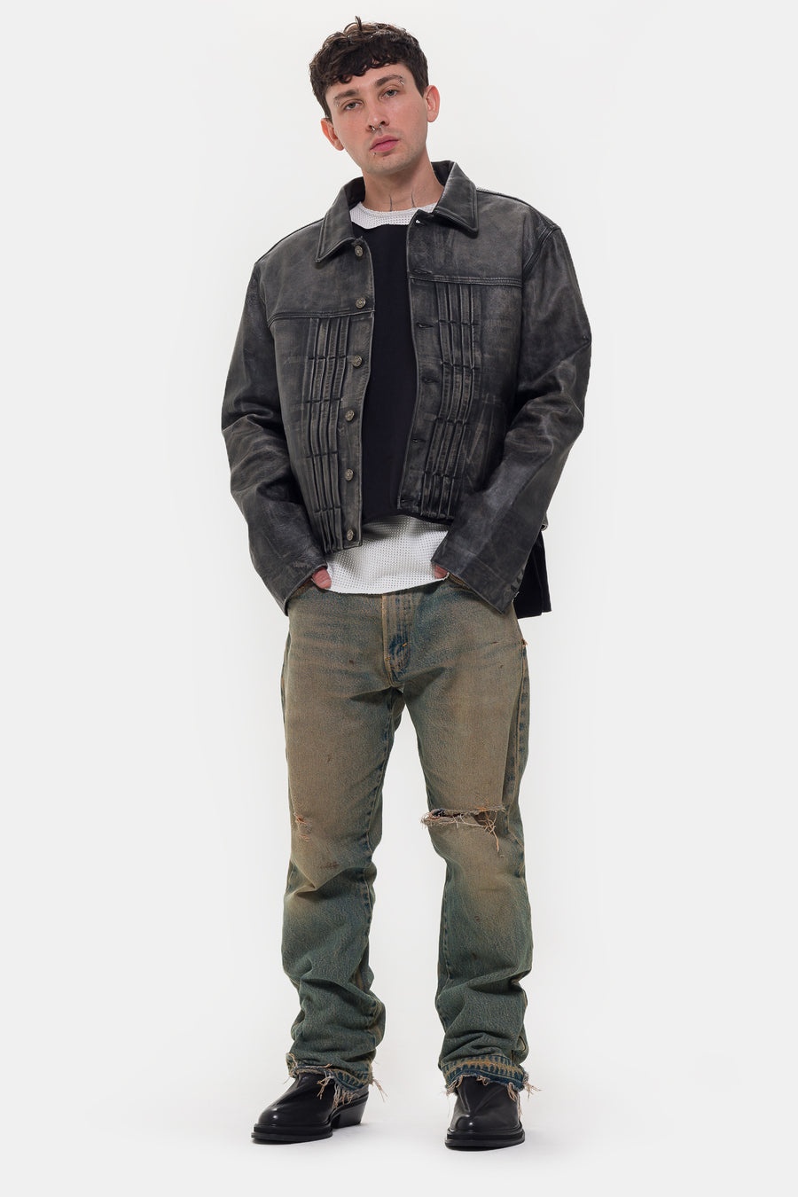 424 Leather Trucker Jacket in Black - 2