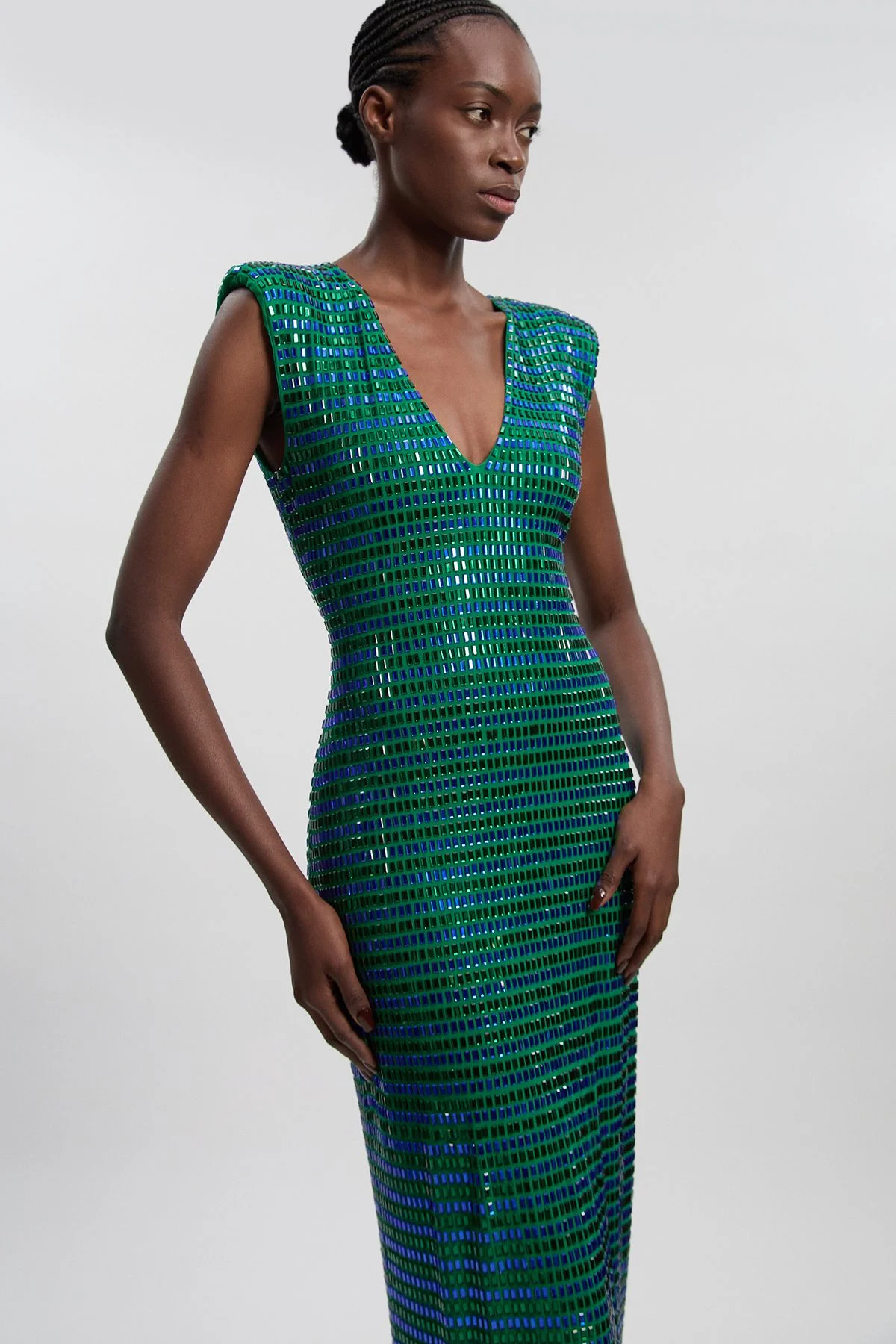 Premium Crystal Embellished Jersey Sleeveless Plunge Neck Midi Dress - 1