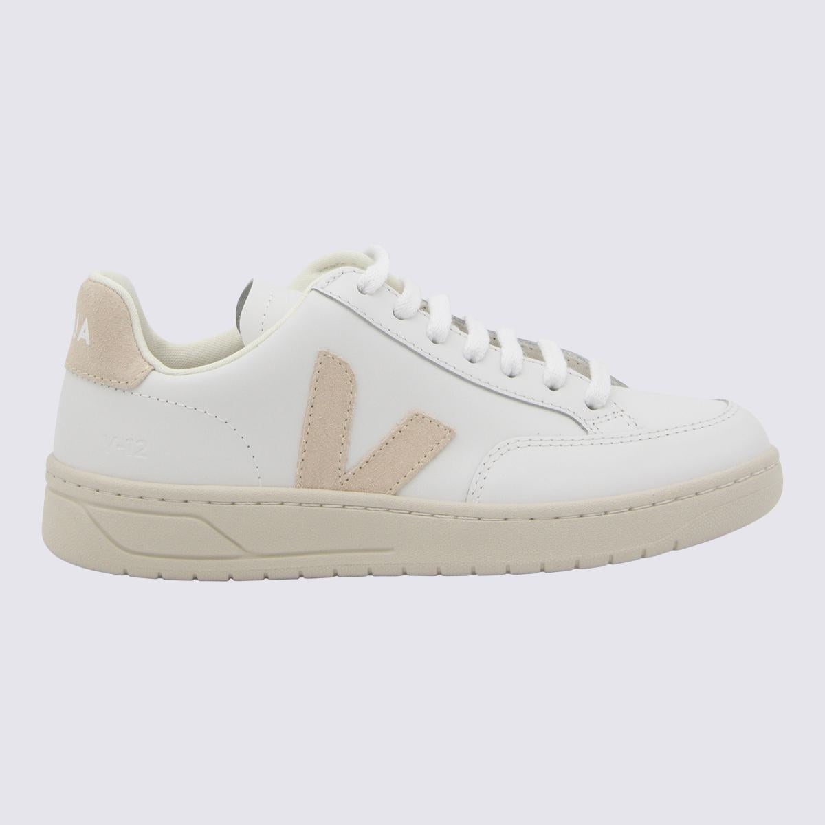 VEJA WHITE AND PINK LEATHER V-12 SNEAKERS - 1