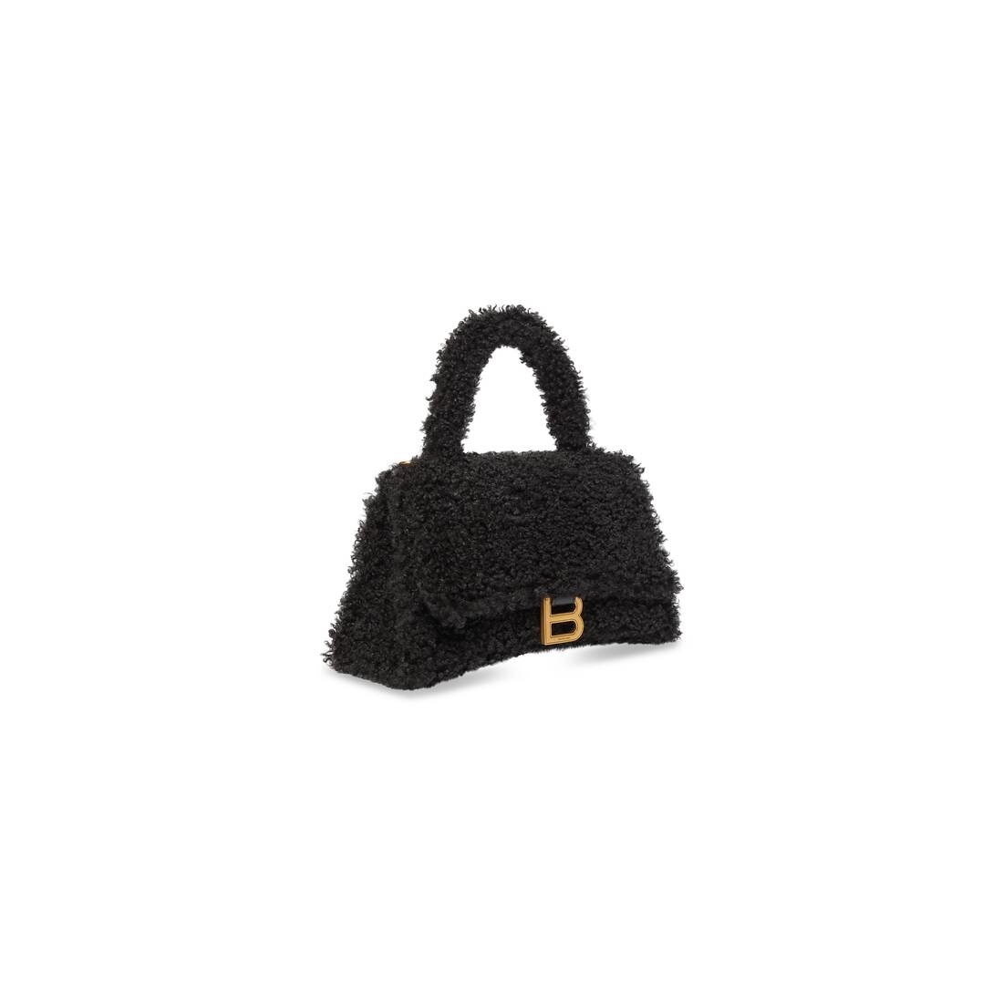 Women's Furry Hourglass Small Handbag With Strap in Black - 5