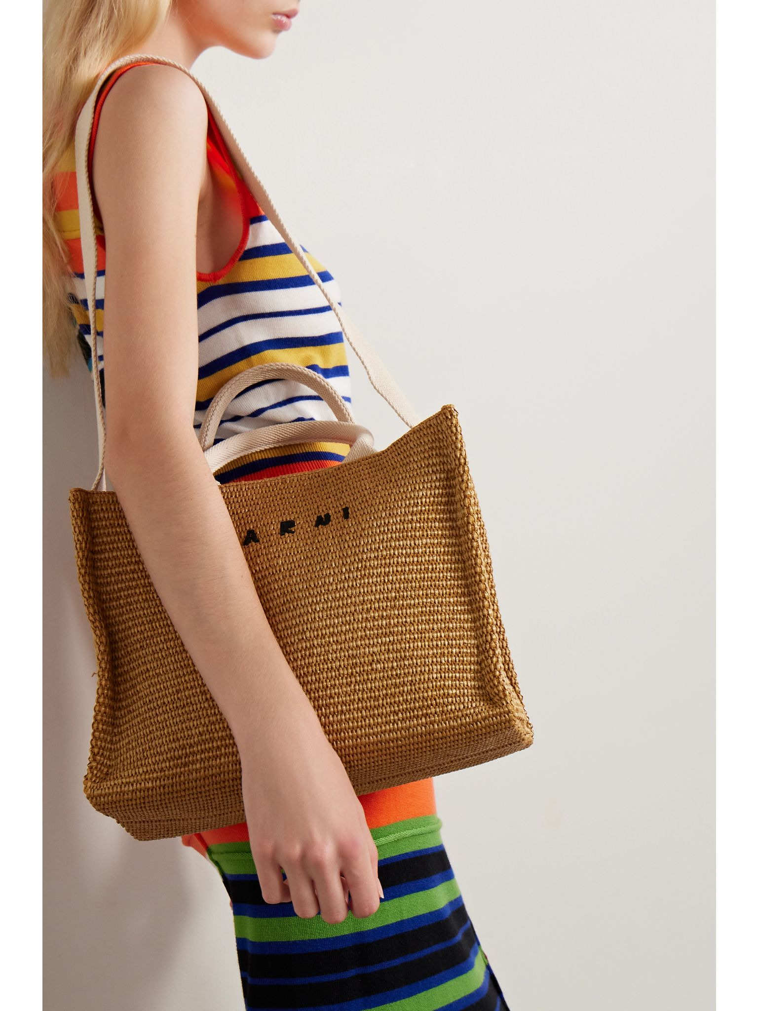 Basket small canvas-trimmed embroidered faux raffia tote Neutral - 6