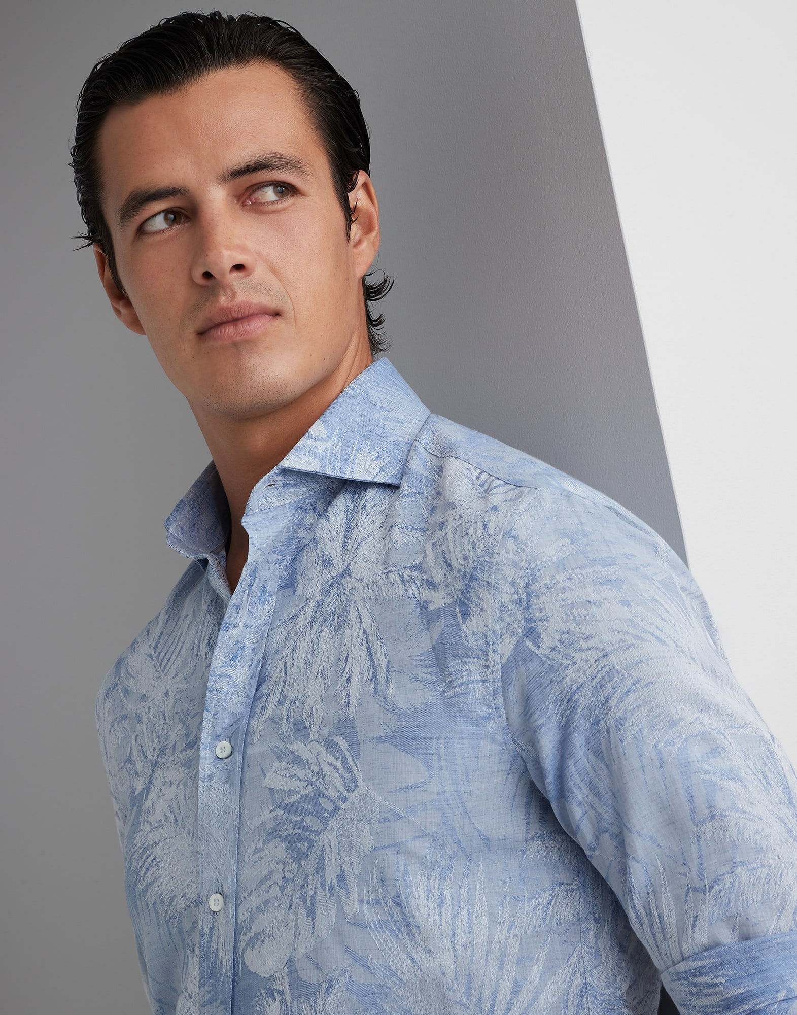 Palm Jacquard linen and cotton slim fit shirt with spread collar - 3