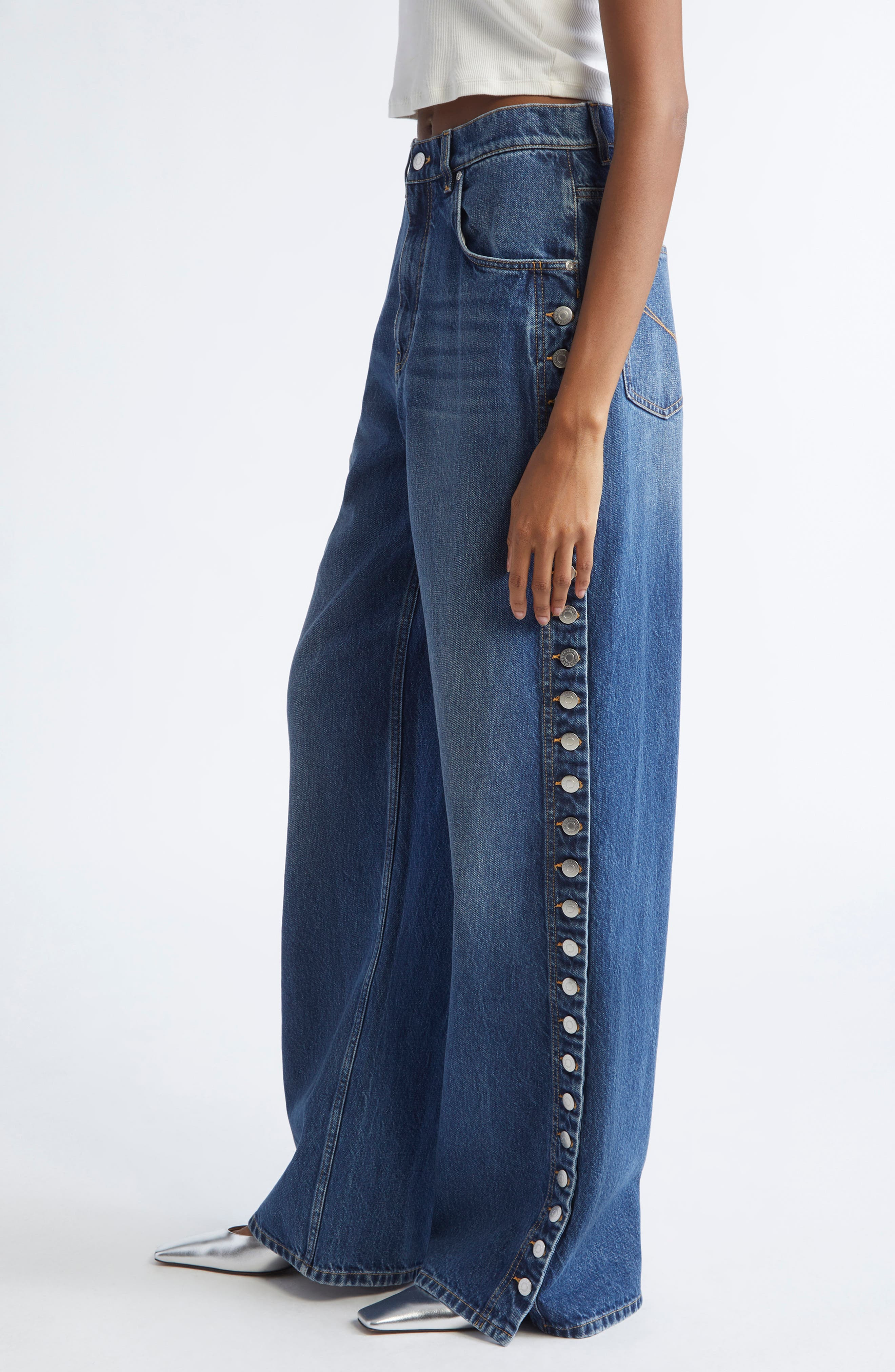 Stella McCartney Side Button Wide Leg Jeans in Dark Blue at Nordstrom - 4