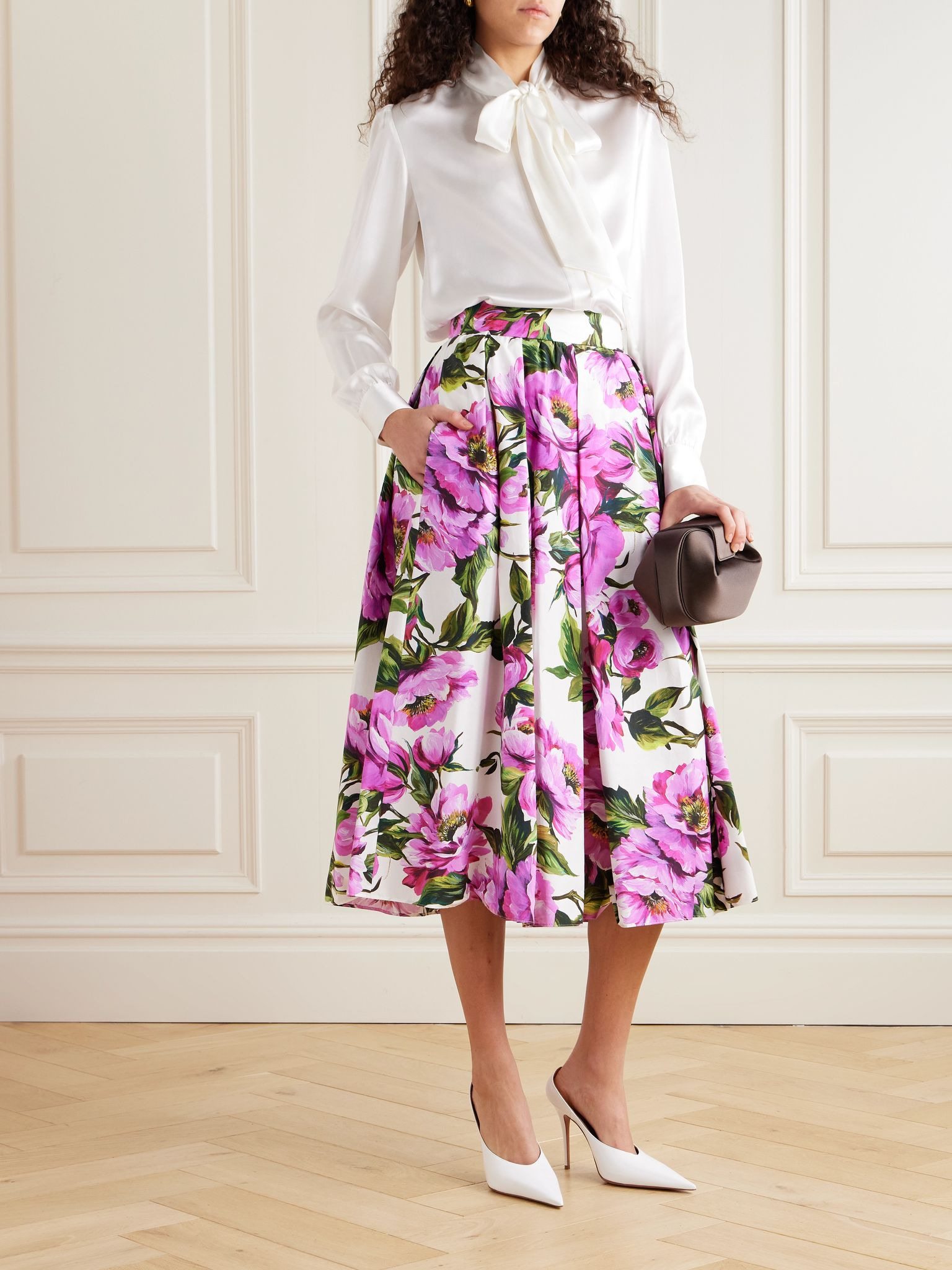 Pleated floral-print cotton-poplin midi skirt Pink - 2