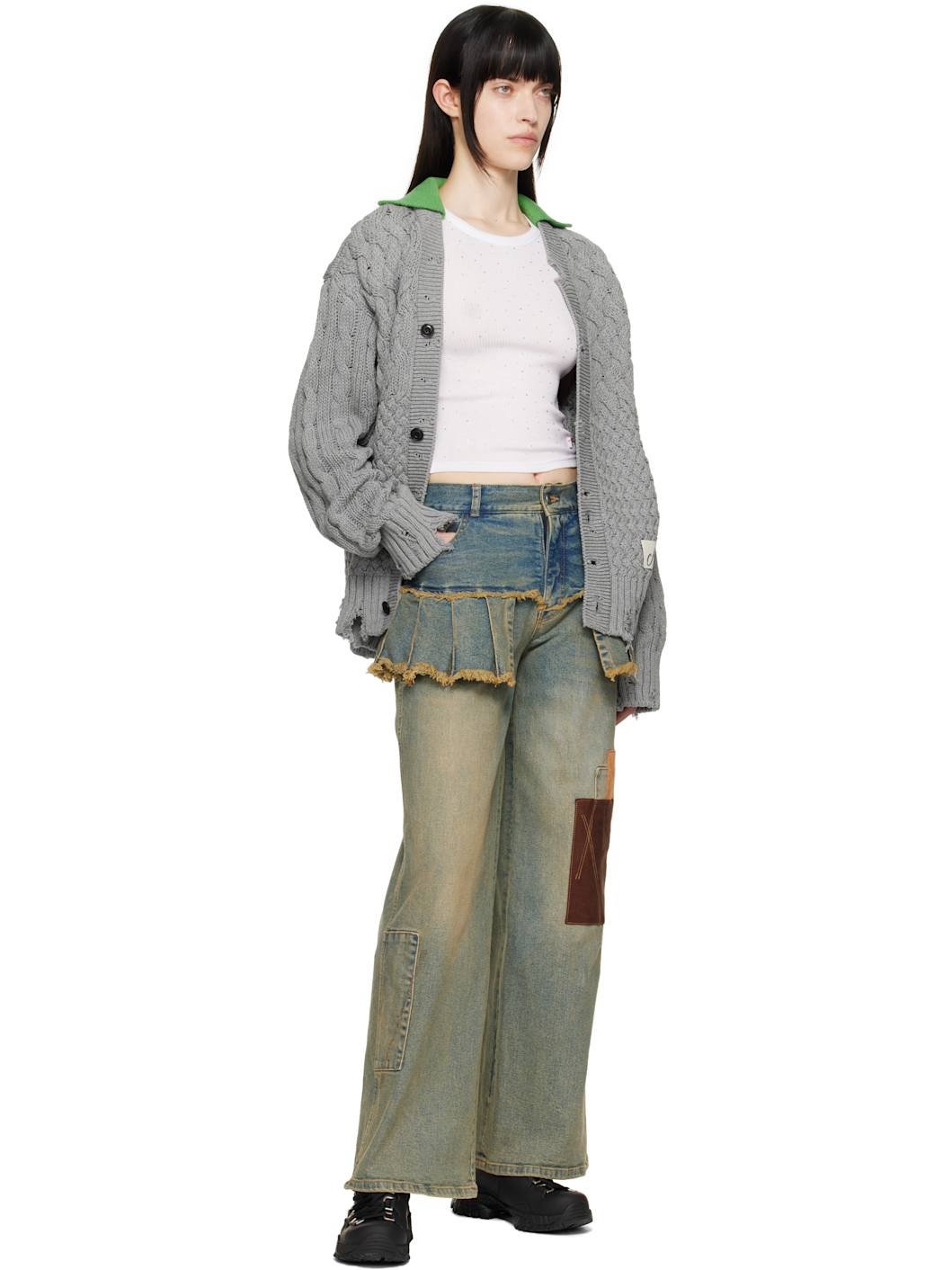 Gray Green Collar V-Neck Cardigan - 4