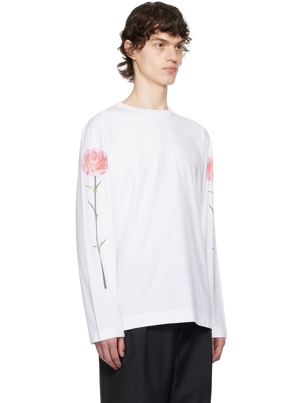 White Carnation Print Long Sleeve T-shirt - 2