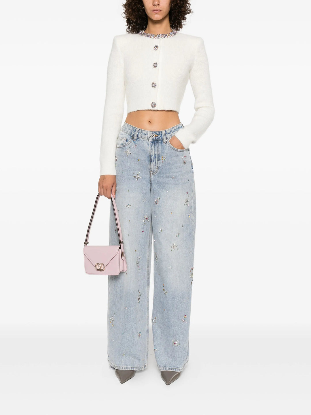 Light Blue Embellished Wide Leg Jeans - 2