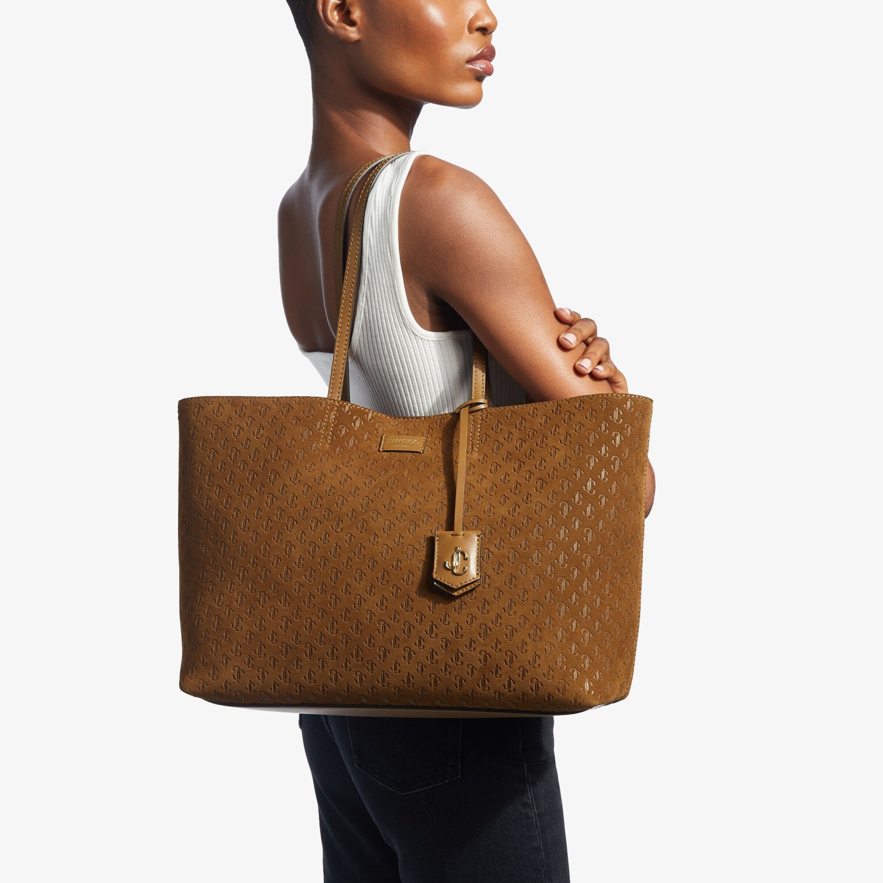 Nine2Five E/W
Dark Tan Suede Tote Bag with Embossed JC Monogram - 4