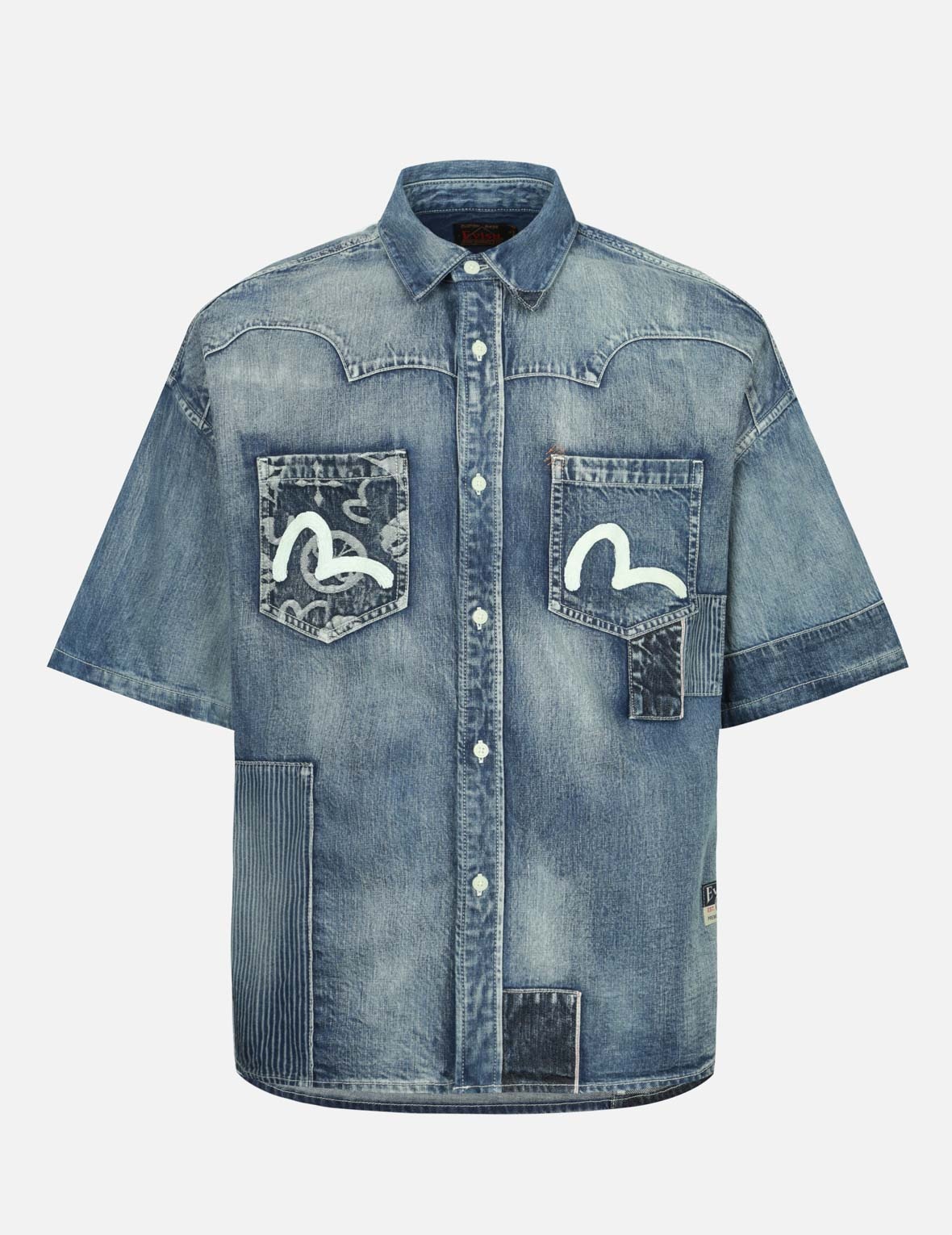 SEAGULL PRINT AND MULTI-PATCHES LOOSE FIT DENIM SHIRT - 1